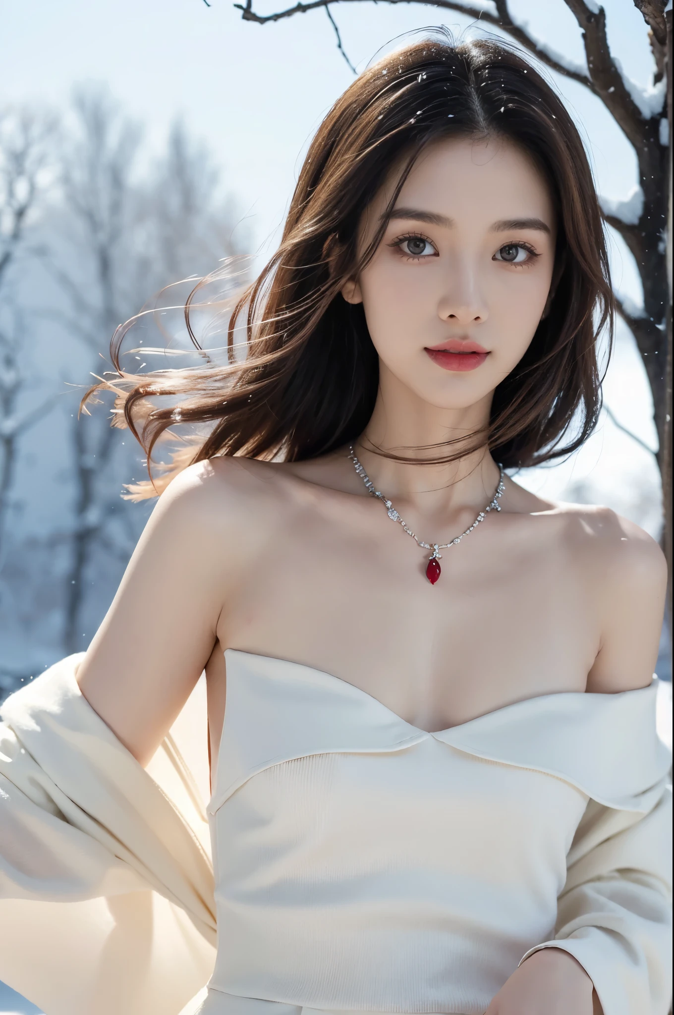 (((best quality))),(((ultra detailed))),(((masterpiece))),illustration,1girl,bare shoulders,bare tree,branch,small breasts,slim,detailed eyes,red plum blossom,earrings,jewelry,necklace,red lips,shoulder length straight bob hair,looking at viewer,nature,off shoulder,photo (medium),pillarboxed,smile,solo,torn clothes,red dress,snow scape,Ink painting style background