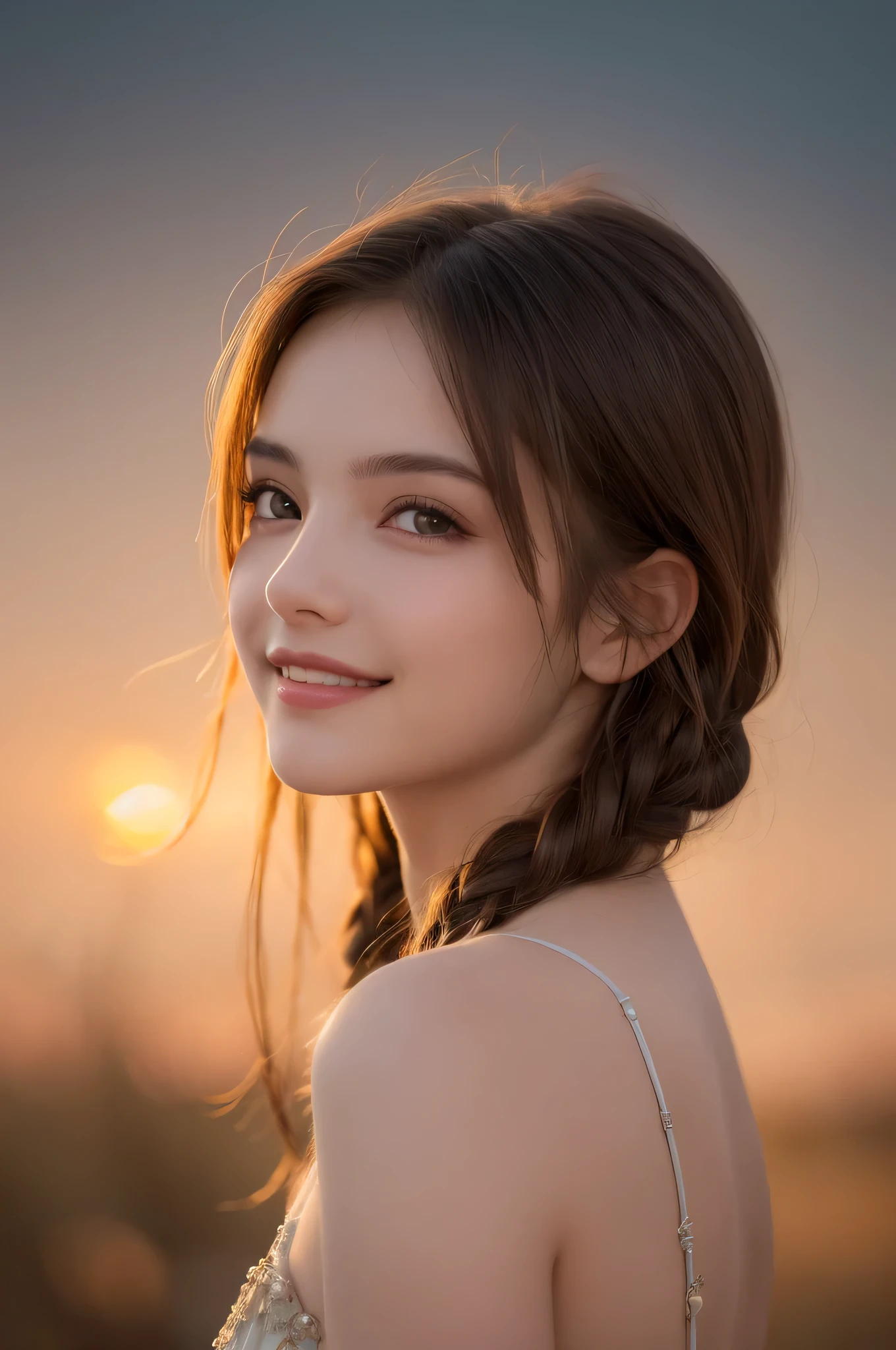 (best quality), (ultra-detailed), (llustration), (detailed light), (an extremely delicate and beautiful), 1ung girl, long hair, brown eyes, (smile slightly, Innocent and cute expression), model, Enchanting, Sublime, Ethereal, fantastic, extremely detailed CG unified 8k wallpaper, High-definition raw color photos, professional photography, (Bokeh), twilight, Golden hour, Backlighting, depth of fields,