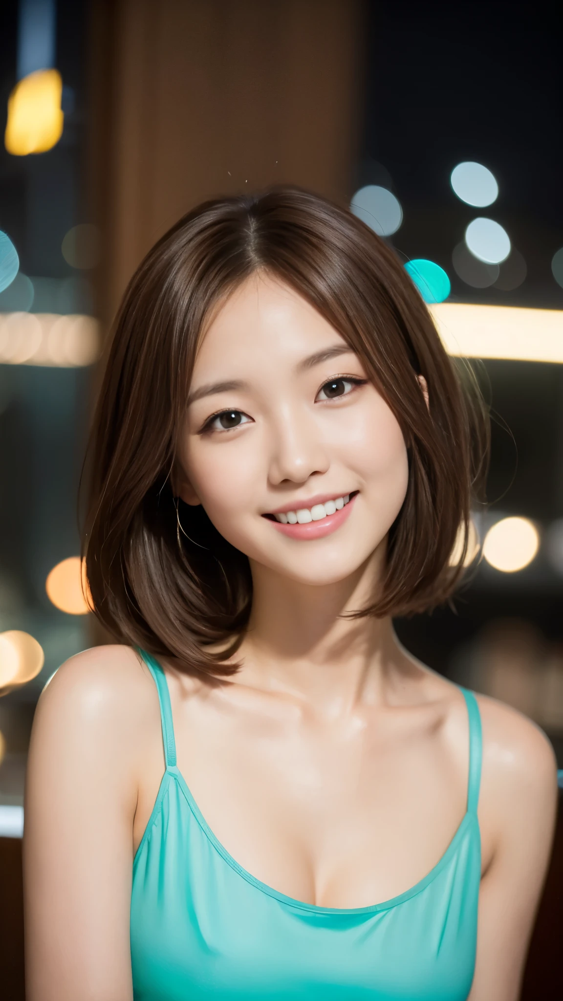 table top, highest quality, realistic, super detailed, finely, High resolution, 8k wallpaper, 1 beautiful woman, wear stylish sleeveless clothes, New York night view、blur the background、, light brown hair, perfect dynamic composition, beautiful and fine eyes, smile happily, perfect teeth visible, sharp focus, fine skin texture, fine hair、turned into slime、Slender、model body shape、brown hair、show one's side、short hair style、Japanese beauty、22 years old、stand up straight、upper body photo、larger breasts、