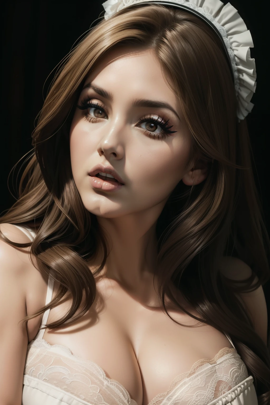 Lucy Pinder, face portrait, portrait, mouth wide open, (Adele),((VERY INTENSE MAKEUP)), voluptuous, cleavage, lace, sexy dress, singing, Lingerie, (KAREN FUKUHARA), (maid), (orgasm)