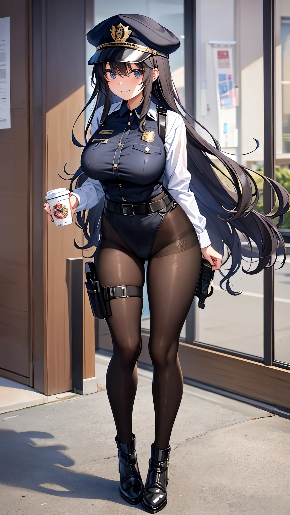 masterpiece, highest quality, Super detailed、1 girl、police officer、Restricted hat、wear a hat、短いblack髪 wavy hair、blackい瞳、smiling face、narrow eyes、big breasts、black body suit、whole body、black pantyhose、whole body、Are standing、black boots、belt Large buckle、holster、High leg、modern office、coffeeを持つ paper cup、coffee、police badge