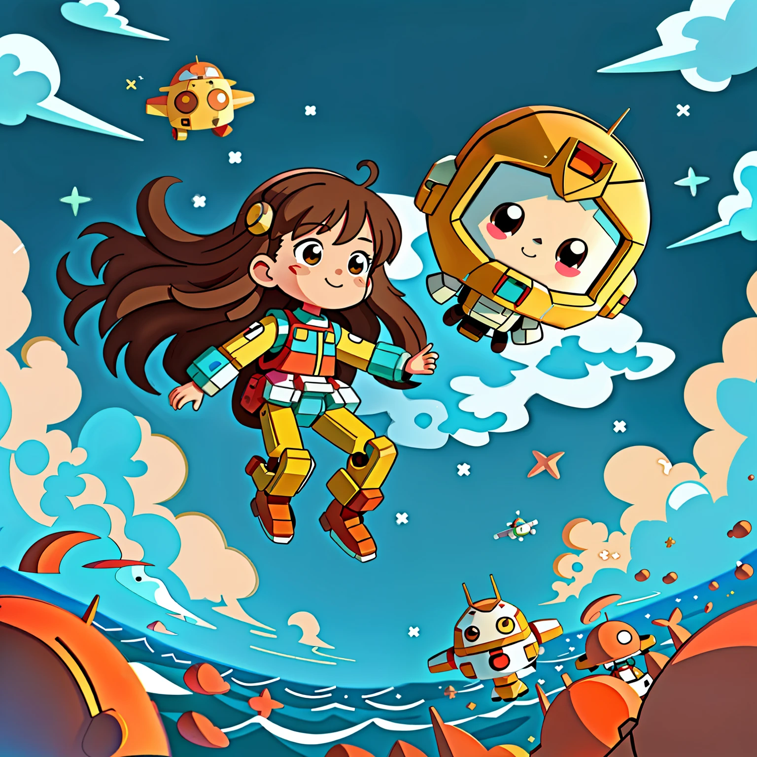 Girl with long brown hair,Put on the Gundam Robot Suit,race(high jump hurdles)(in the sea of clouds),(with love)happy,surrounded by love,surrounded by love,O sign,vector,line art,design,inspiration,straight line,RHAD