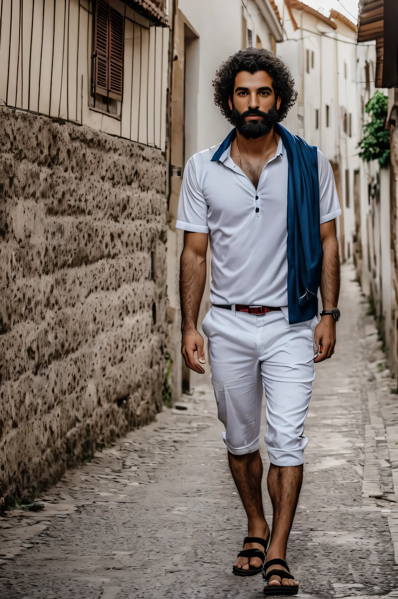 Greek Man, 30 anos, roupas elegantes, peludo, extremamente bonito, looking-into-camera, 16k, UHD, perfect lighting, grain of film, altamente detalhado, foto de corpo inteiro, melhor qualidade, mais alta qualidade, (obra de arte:1.2), (parado em uma rua, estrada larga molhada:1.4), estilo de caminhada, (fundo detalhado:1.3).