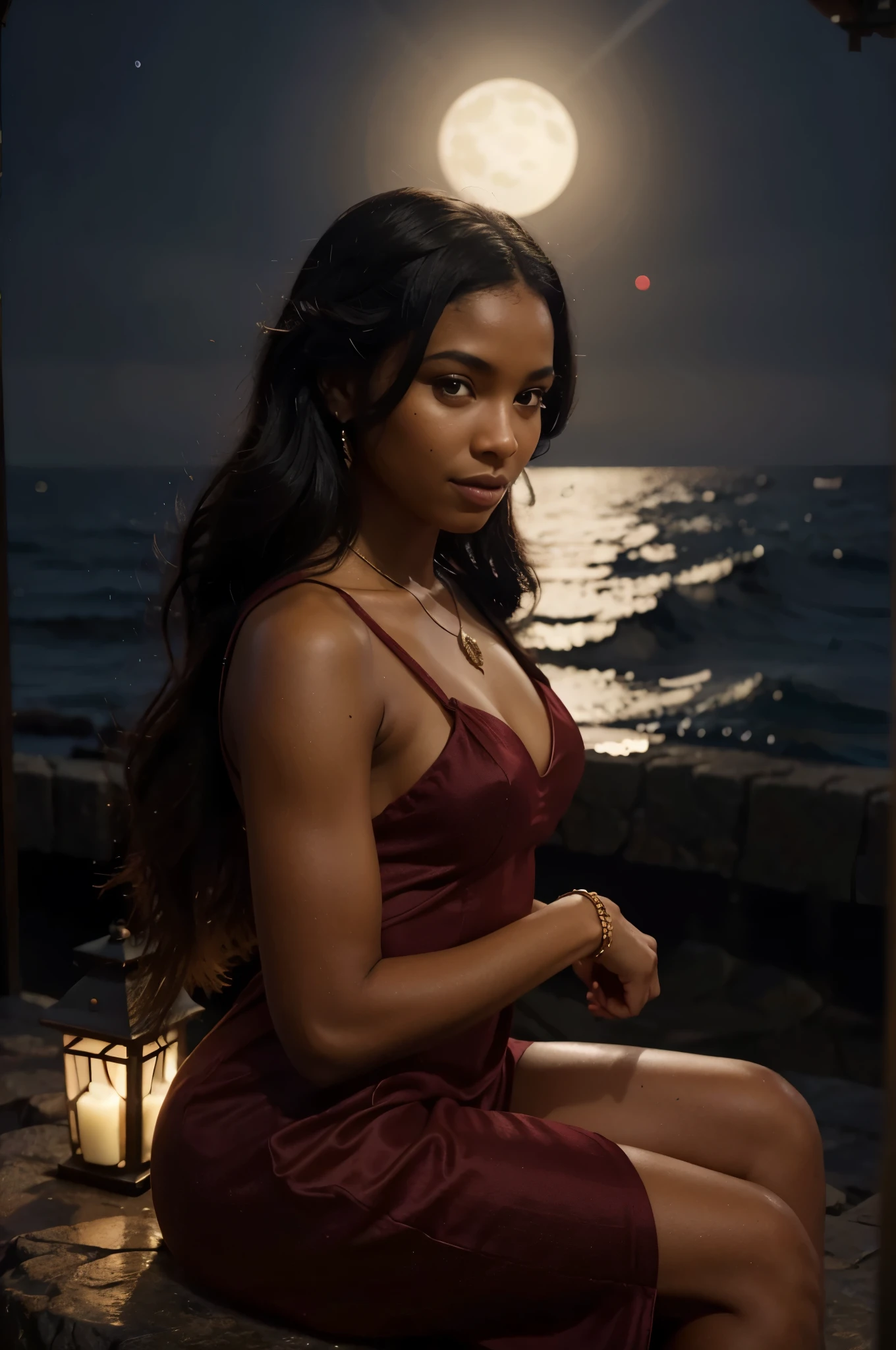 Beautiful girl about 20., exotic beauty, long hair with braids, red-lips, in a black leather suit in Gothic style, steampunk style. A girl stands on a stone on the ocean shore., looks into the distance, night time, Soft light lanterns, neon tones, cinema, Highest Quality, high detail, hyper realisitc, cinematic quality, high detail,