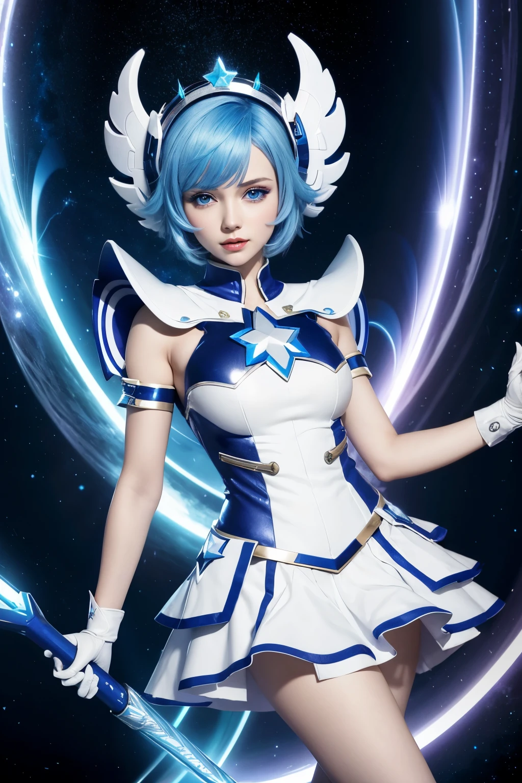 rammer on her hands, blue and white clothes, blue effects, perfect eyes, blue short hair, star guardian, stars, galaxy, guardian, magical rammer, blue eyes, flying, detailed