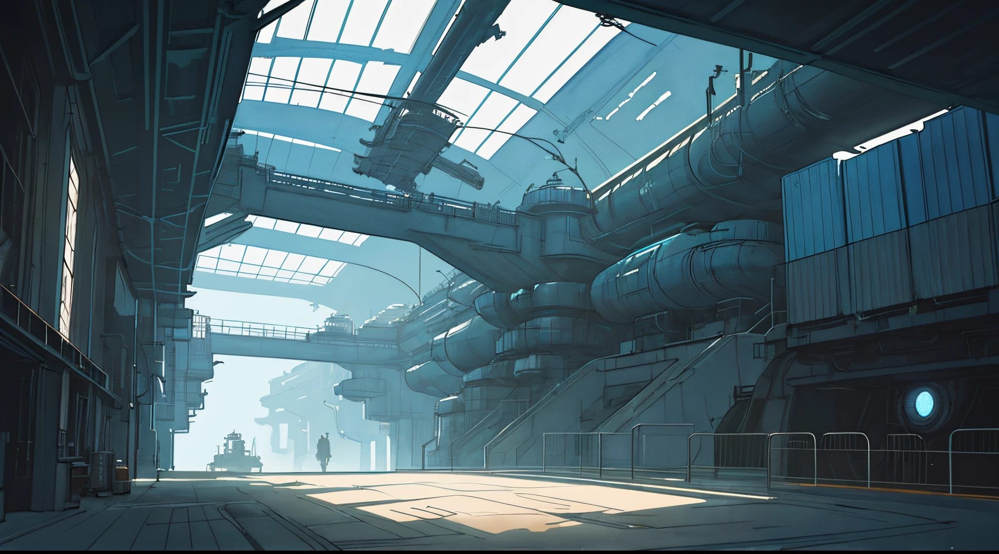 Watercolor page, empty sci-fi hangar in a space station in orbit, huge entrance, containers near the side walls, very detail, intricate, 3/4 view, Sci - Fi Art, High Quality PrintDisco Elysium graphic style, doug chiang concept art, industrial light & magic, clean lines, thin lines,