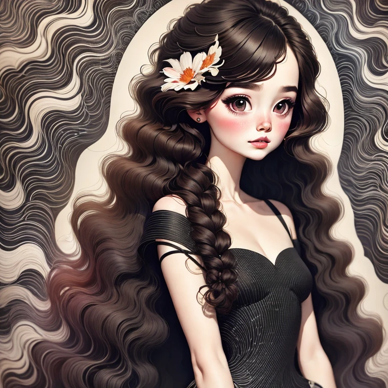 (masterpiece, best quality:1.2), 1girl, solo,Digital illustrations, wavy long hair, dreamy, cute, smooth black lines, geometric art, abstract, (Amy Sol style), Gothic style