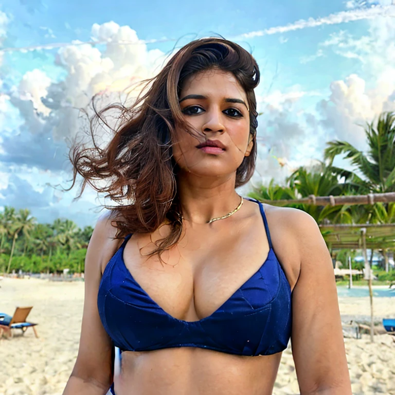 (masterpiece, best quality:1.2), 1girl, solo, Shraddha das,1girl, 3d, artist name, bare shoulders, beach, blue sky, blurry, blurry background, blurry foreground, bokeh, breasts, brown eyes, brown hair, building, cleavage, cloud, collarbone, day, depth of field, eyelashes, lips, long hair, looking at viewer, motion blur, nose, outdoors, photo \(medium\), photo background, photo inset, photorealistic, realistic, sky, solo, teeth, upper body