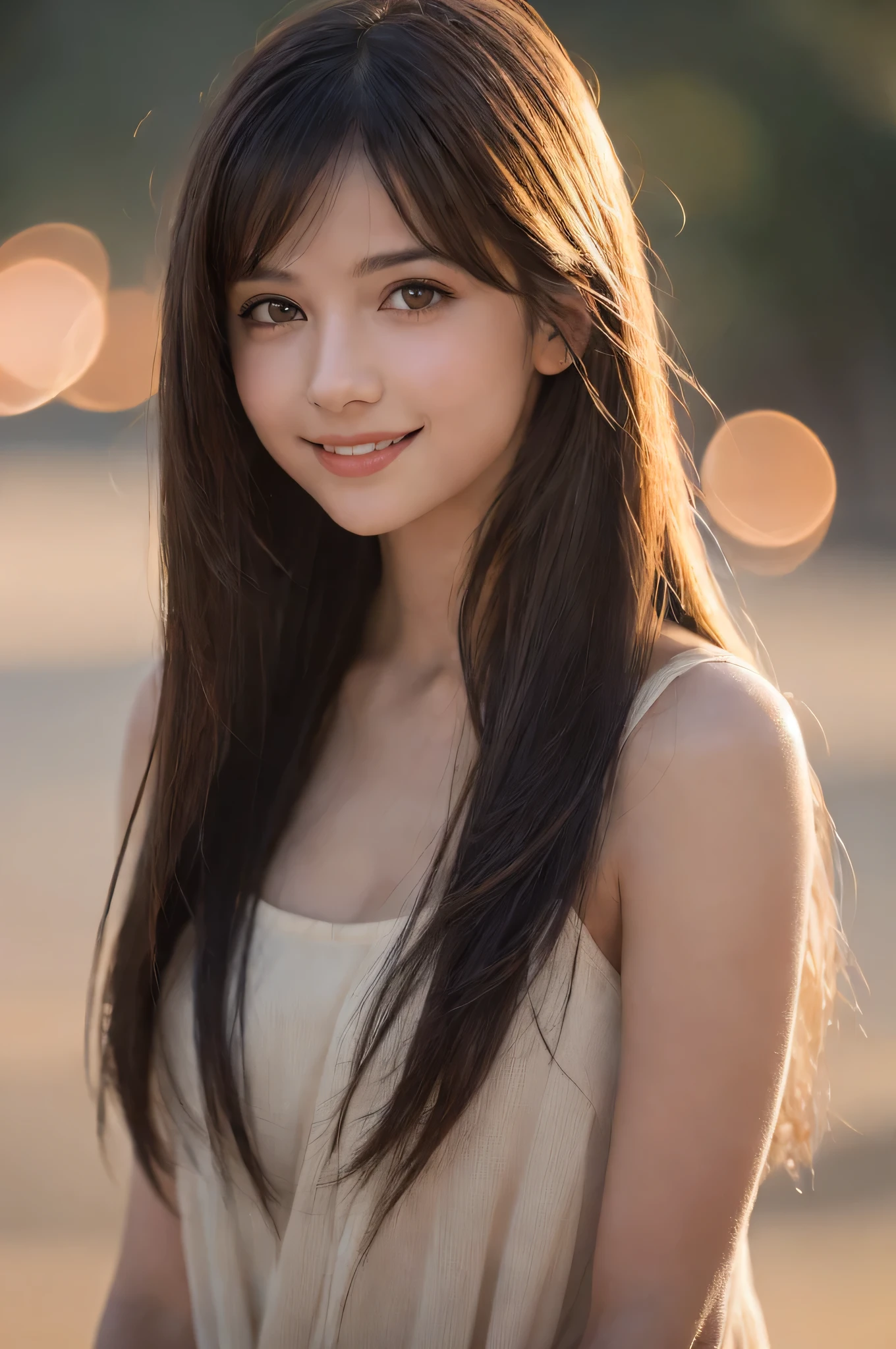 (best quality), (ultra-detailed), (llustration), (detailed light), (an extremely delicate and beautiful), 1young girl, long hair, brown eyes, (smile slightly, Innocent and cute expression), model, Enchanting, Sublime, Ethereal, fantastic, extremely detailed CG unified 8k wallpaper, High-definition raw color photos, professional photography, (Bokeh), twilight, Golden hour, Backlighting, depth of fields,
