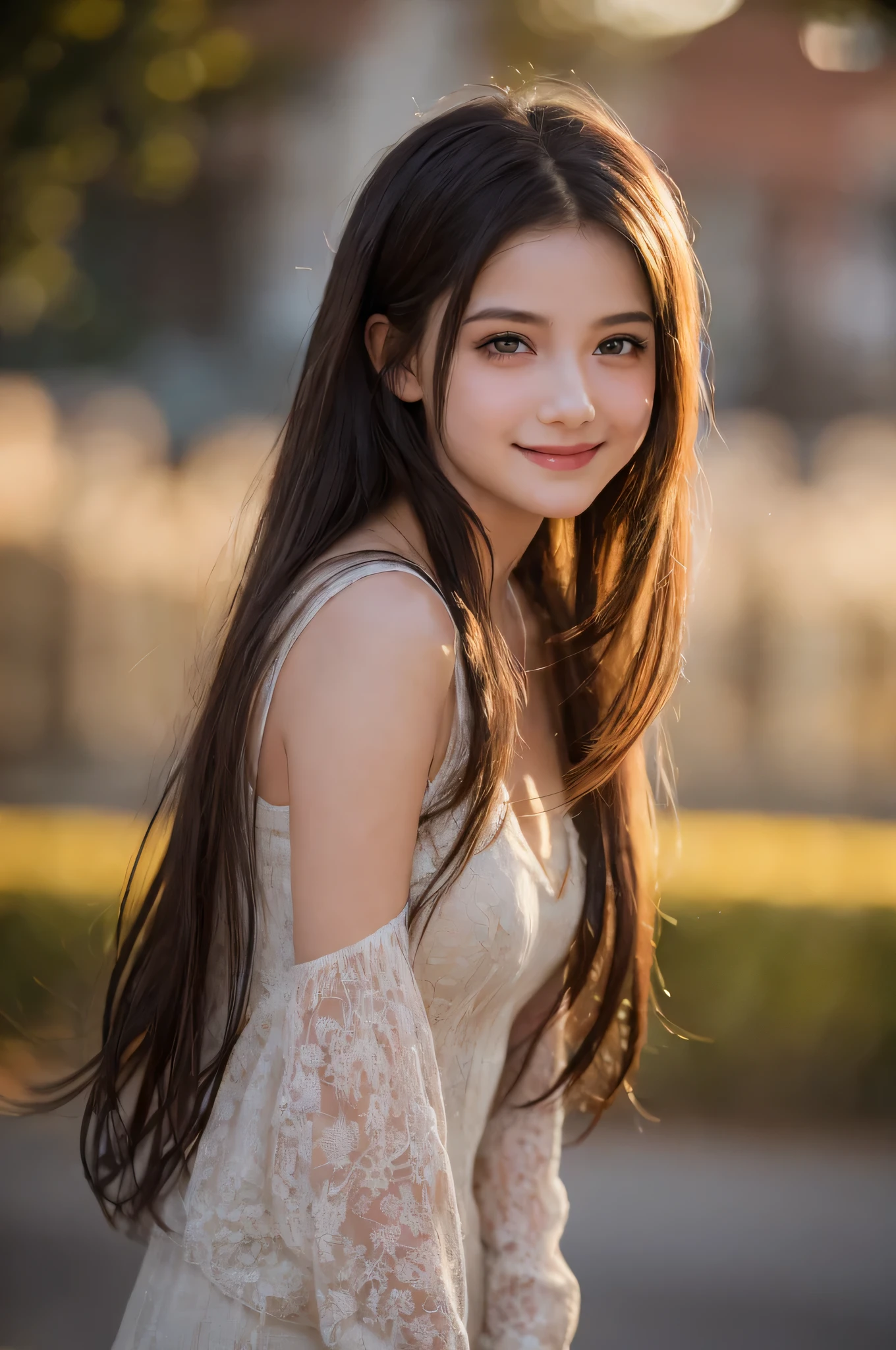 (best quality), (ultra-detailed), (llustration), (detailed light), (an extremely delicate and beautiful), 1ung girl, long hair, brown eyes, (smile slightly, Innocent and cute expression), model, Enchanting, Sublime, Ethereal, fantastic, extremely detailed CG unified 8k wallpaper, High-definition raw color photos, professional photography, (Bokeh), twilight, Golden hour, Backlighting, depth of fields,