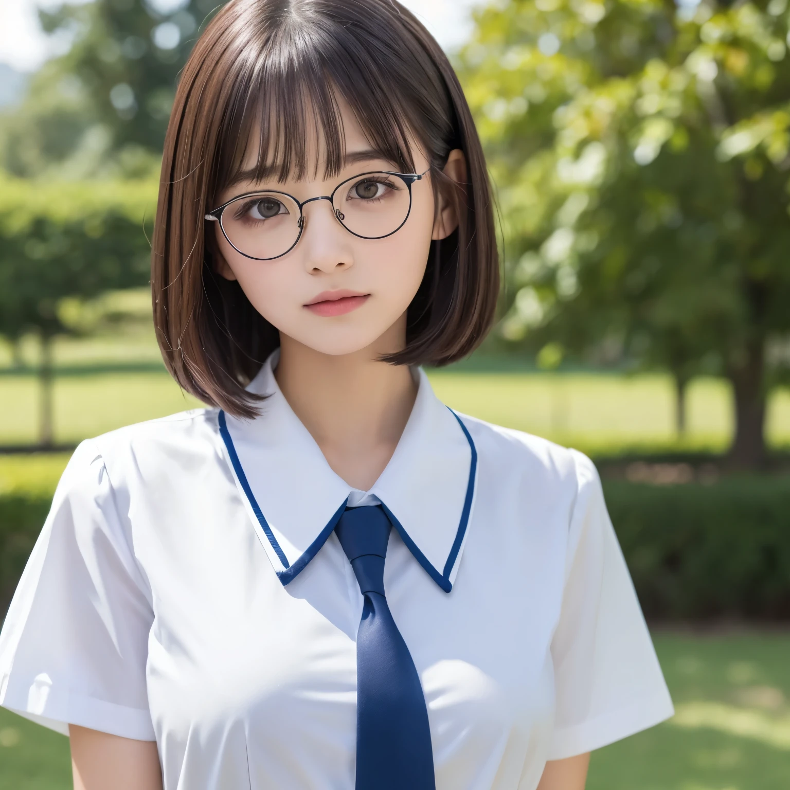 (highest quality、table top、8k、best image quality、Award-winning work)、One cute high school girl、16 years old、close up of face、glossy lipstick、Shiny ultra-high detail lips、 alone、most realistic、Super detailed depiction、detailed face、close up of face、Shiny ultra-high definition skin、white high school uniform shirt made of polyester、The most natural real high school uniform、beginner girl、look at me、Premonition of romantic love、Moist and sparkling eyes、uniform ribbon on chest、straight short hair、Beautiful smooth berry short hair、The most detailed super high detail short hair、(elegant round glasses:1.1)、(perfect real round glasses:1.1)、The background is refreshing colors and the scenery of youth..、Background outside school、(look at me恥ずかしい微笑み:1.1)