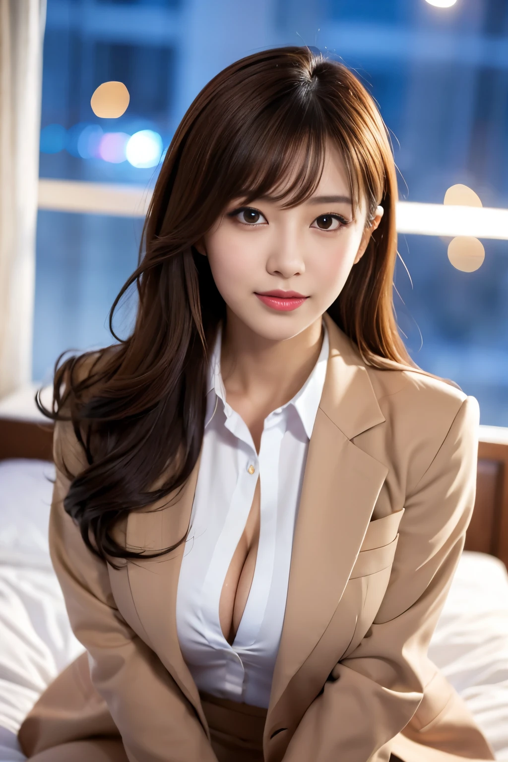 (detailed skin:1.2),(shiny skin:1.1),8k,best quality, masterpiece, ultra high res,(photorealistic:1.4), RAW photo,(soft saturation:1.3),(fair skin:1.2),1woman,gyaru,makeup,(lipstick:1.1),(eyeliner:1.2),
Brown eyes, Looking at Viewer, (office lady suit), sit on the bed, Brown hair, medium hair, messy hair, asymmetrical bangs, Black jacket, blush, collared white shirt,Long sleeves, ,half undress, Suit, Large breasts, Formal, Smile, Sharp Focus,moody lighting, blue hour, Japanese idol, 25 years old, tall, Glamour,
