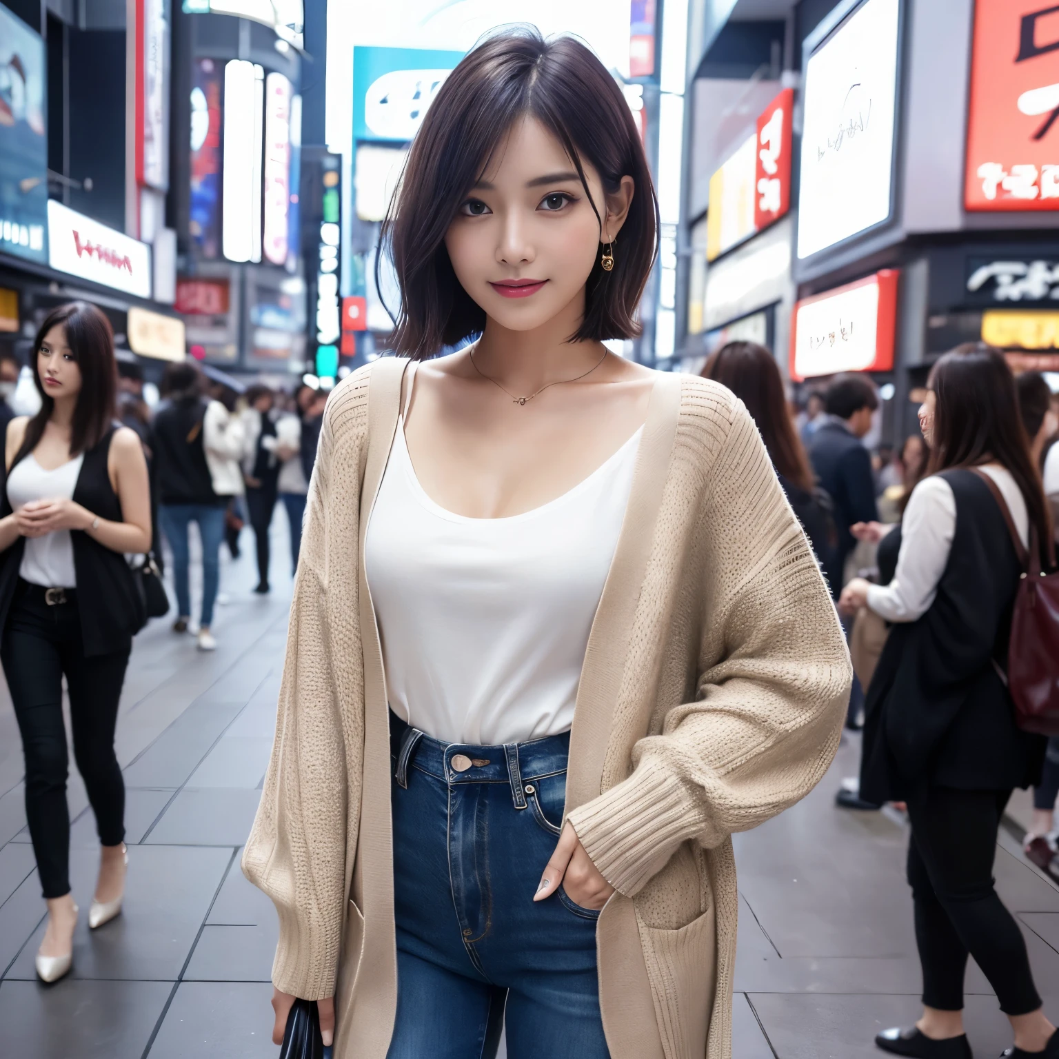 (highest quality、table top、8k、best image quality、Award-winning work)、one beautiful woman、25 years old、perfect beautiful composition、[clavicle]、(very short bob hair:1.1)、(wear an elegant cardigan:1.1)、(The perfect and most natural cardigan:1.1)、tight mini jeans pants、(Boldly exposing bare thighs:1.1)、(full body photo:1.1)、look at me and smile、(Strongly blurred Shinjuku background:1.2)、(Standing gracefully:1.1)、droopy eyes、natural makeup、Ultra high definition beauty face、ultra high definition hair、Super high-definition sparkling eyes、Super high resolution glossy lips、accurate anatomy