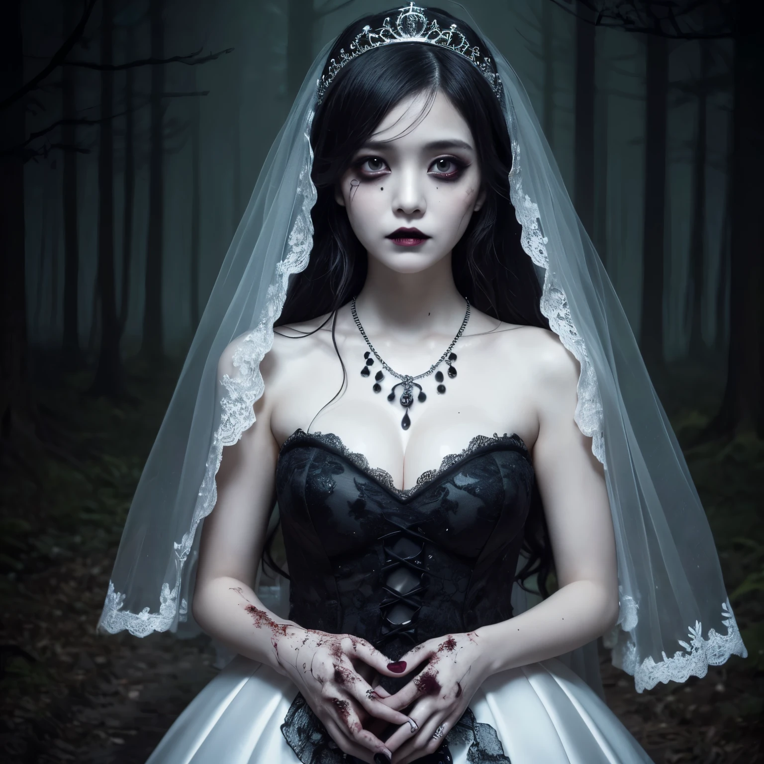 (highest quality、table top、8k、best image quality、Award-winning work、ultra high resolution)、creepy and horrorの花嫁、(Zombie Bride:1.2)、(bloody face:1.2)、(creepy and horror:1.2)、(zombie makeup:1.3)、(pure white and creepy skin:1.3)、black eyeshadow、(I have dark circles in my eyes:1.2)、(black lips:1.2)、long hair、(the finest spooky wedding dresses:1.1)、(wedding lace:1.1)、(The finest creepy giant tiara:1.1)、(finest spooky necklace:1.1)、(dark spooky and scary forest background:1.2)、dark and creepy tree々、Eerie dim night、dark thriller atmosphere、(Spooky fog:1.1)、small cleavage、(look at me with a sad expression:1.1)、blurred background、(full body photo:1.25)、(slightly pregnant:1.1)、accurate anatomy、ultra high resolutionの顔、ultra high resolutionの髪、ultra high resolutionのキラキラした瞳、ultra high resolutionのblack lips、ultra high resolutionの完璧な歯、Creepy face drawn in detail、(that'It's snowing:1.1)