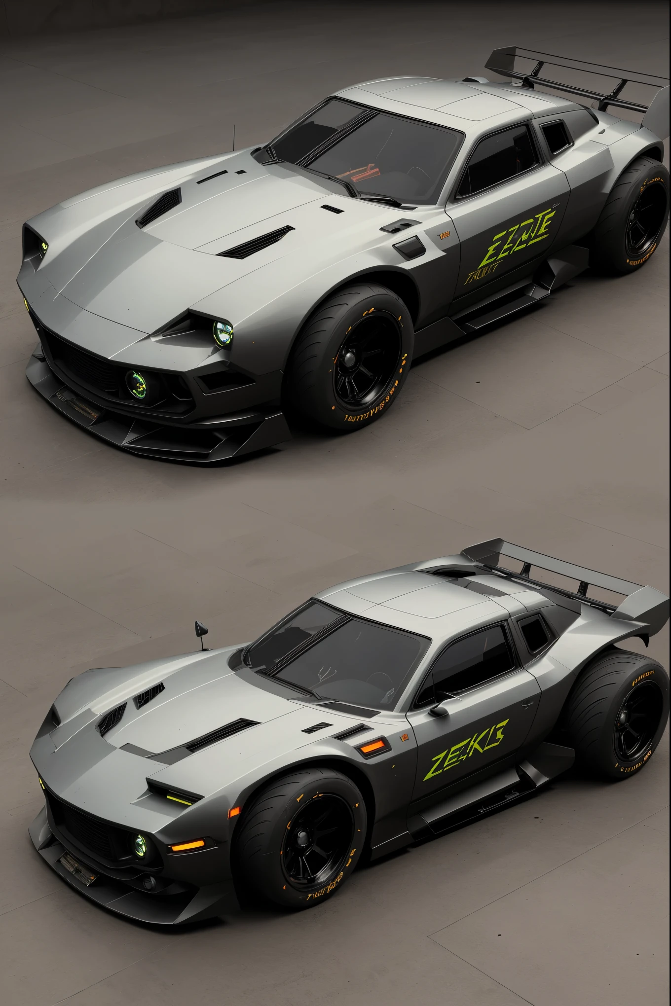 a 3/4 front view ((Future Cyberpunk Hotrod Zeekars)) (Comes with illuminated tires), in the parking lot,
