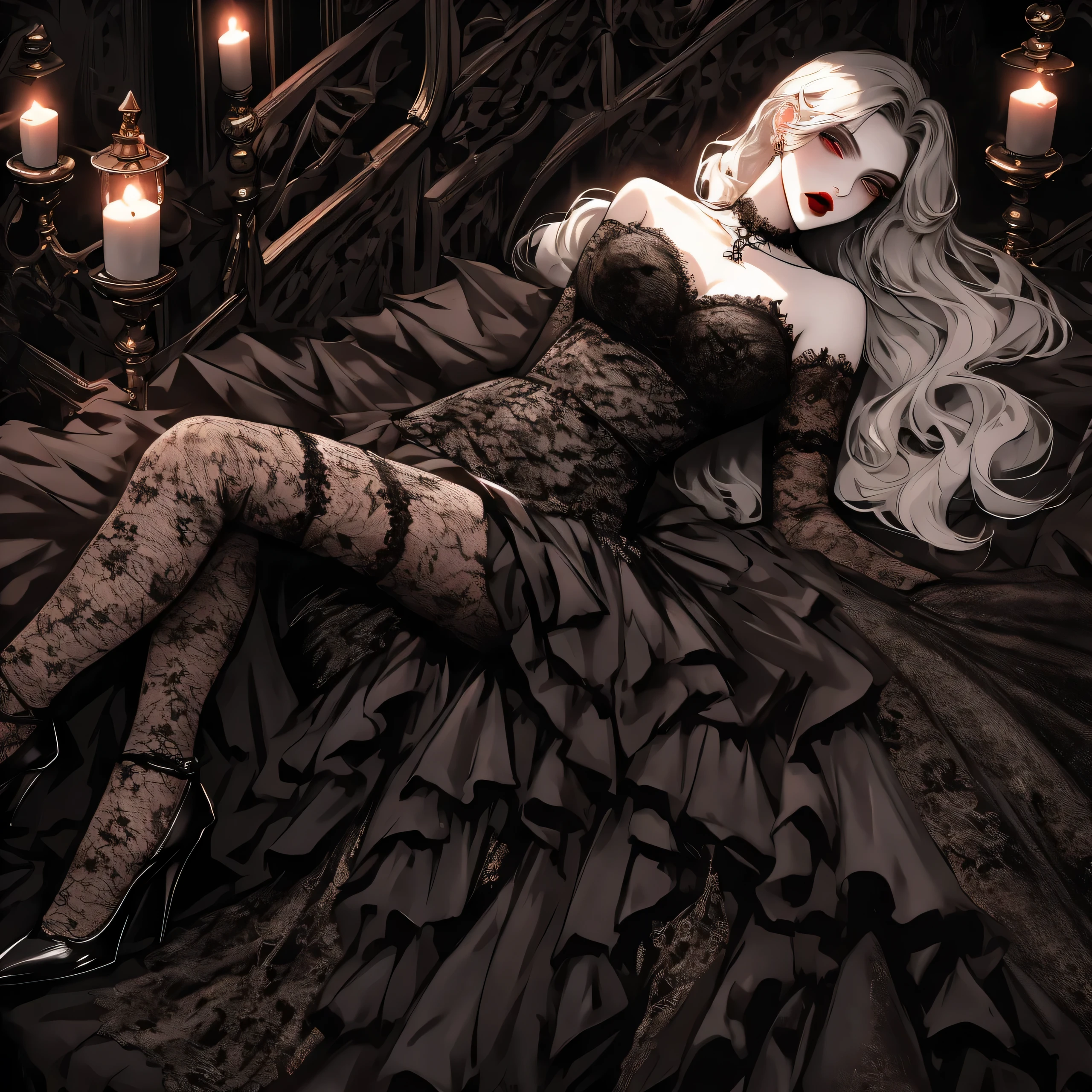 a vampire captured by a girl,leather, fierce expression, seductive gaze, dark lipstick, pale skin, high heels, choker, gothic atmosphere, intense eyes, dramatic lighting, seductive pose, black lace, dominance, power dynamics, provocative, mysterious, alluring, evening gown, long nails, confident posture, red lips, lying down, (cocoon:1.0)