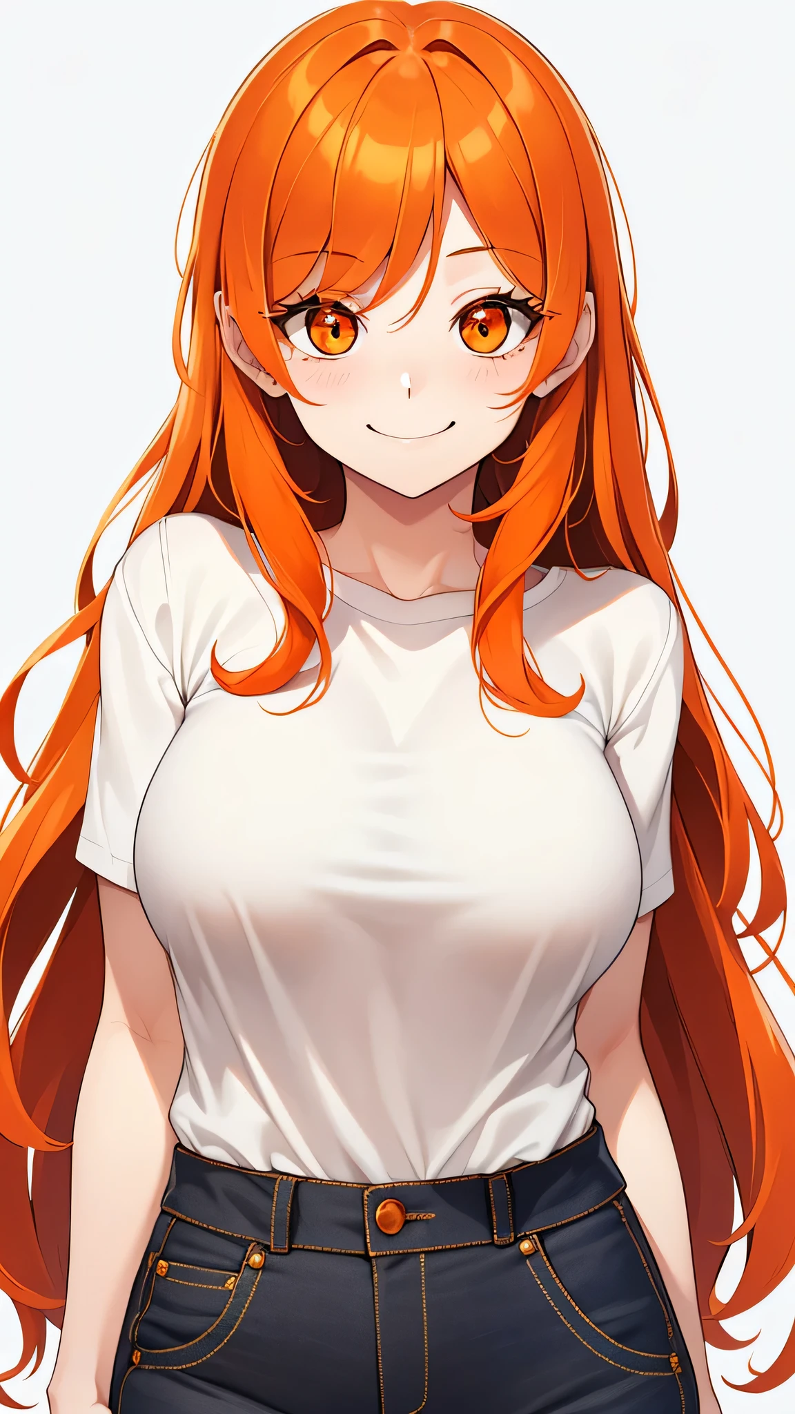 1 girl, alone, Upper body,
Orange hair, long hair,
orange eyes, long eyelashes, thick eyelashes, looking at the audience,
Smile,
White shirt,
White background, simple background,