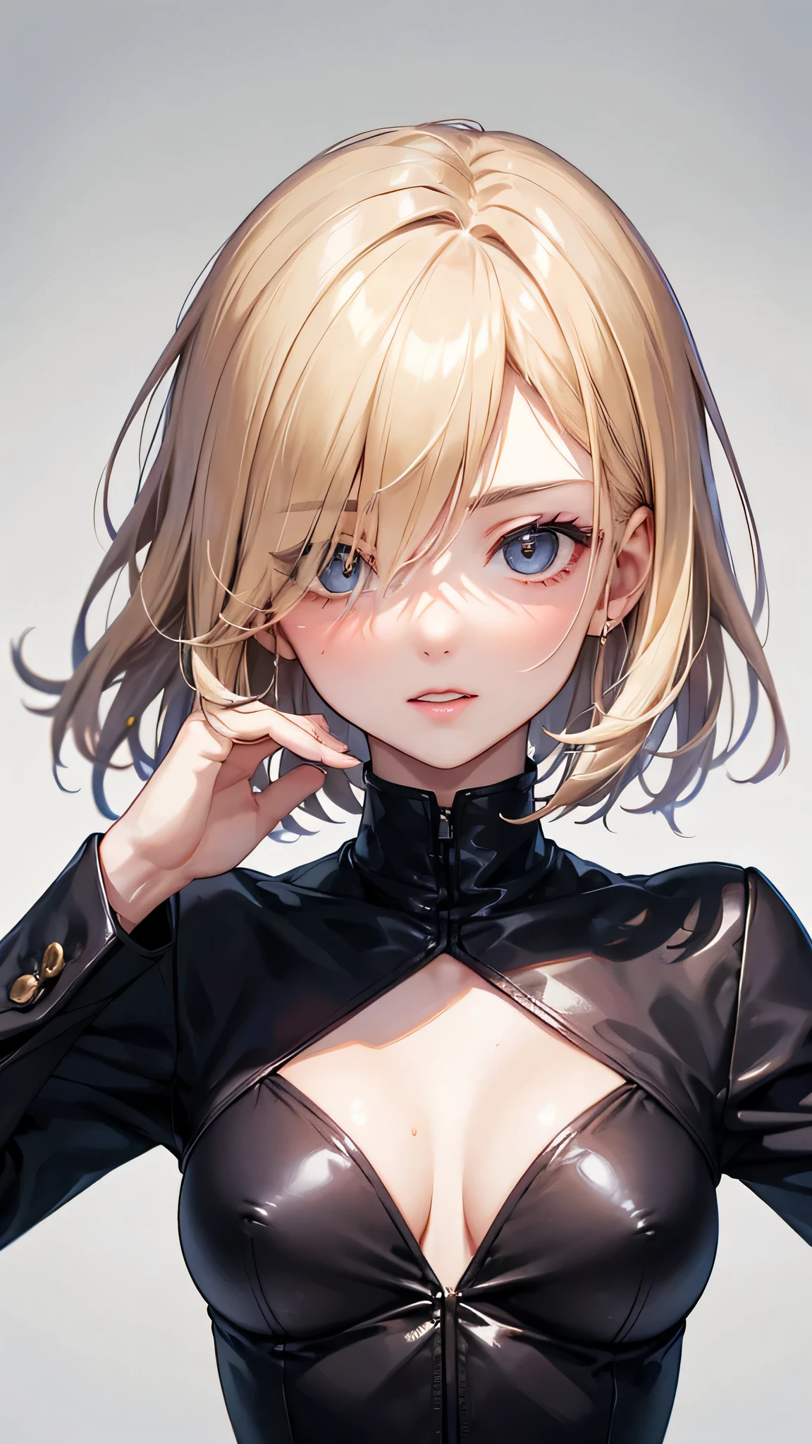 Portrait of European girl,alone,20 years,pretty face,Upper body,hair covering one eye,medium side cut, blonde hair, sharp focus,black suit