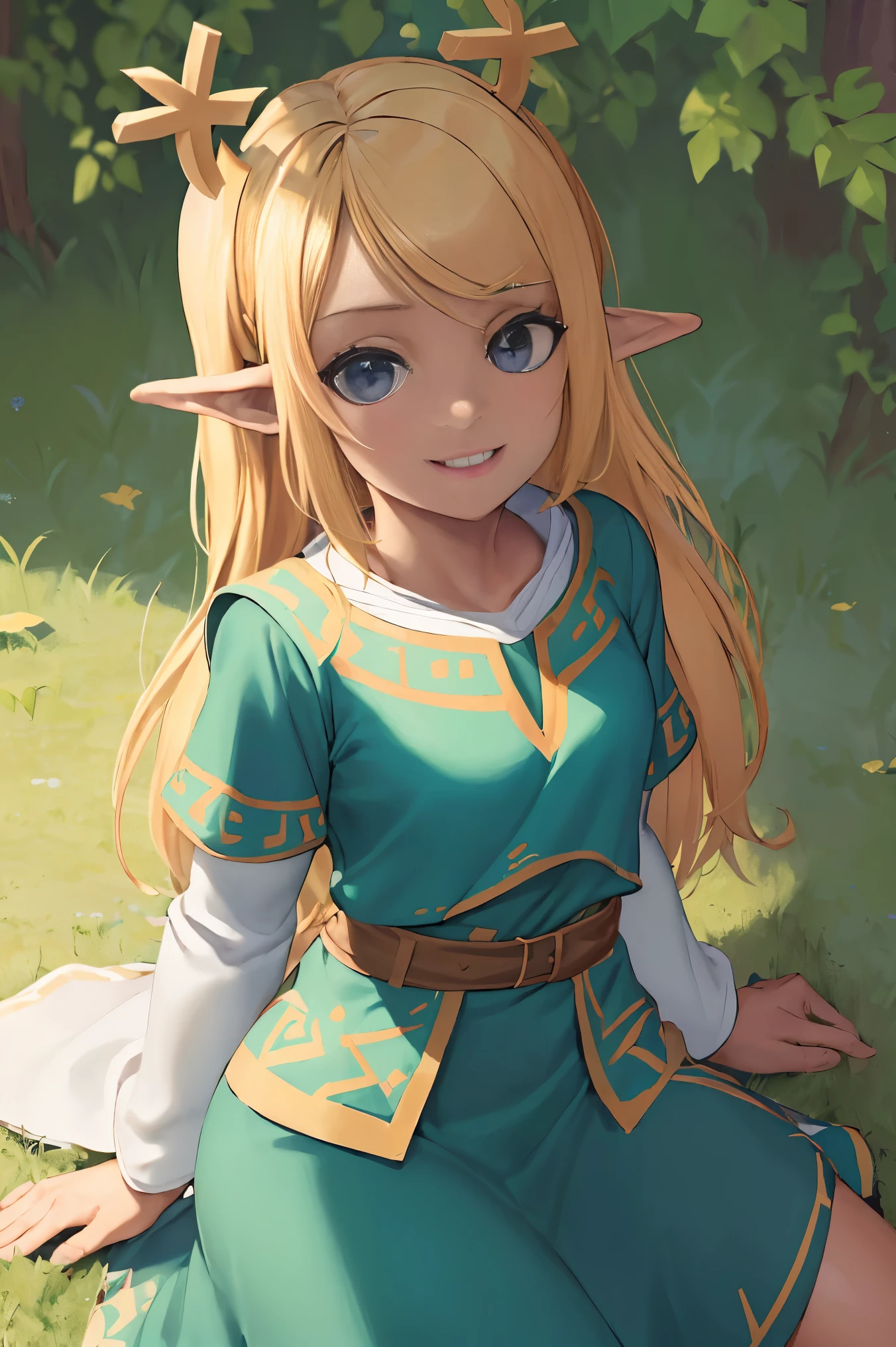 ((obra de arte,melhor qualidade)), absurdos, semente_Zelda, vestido verde, cinto, Triangles, Sozinho, sorridente, olhando para o espectador, tiro de vaqueiro,