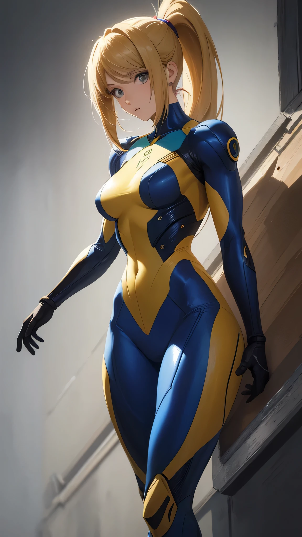 (japanese manga,masterpiece, top quality, best quality,Beautiful and beautiful:1.2,Professional illustration:1.1,Super detailed:1.3, official art, Professional illustration, Super detailed的描绘, Super accurate depiction, Extremely detailed 8K illustration, high resolution, Super detaileded painting, Soft shadows), (girl), Samus Allen \(role play\), cruel beauty, milf, Smooth, (long blonde hair), (ponytail), big breasts, Perfect body, , blue Samus Allen suit,