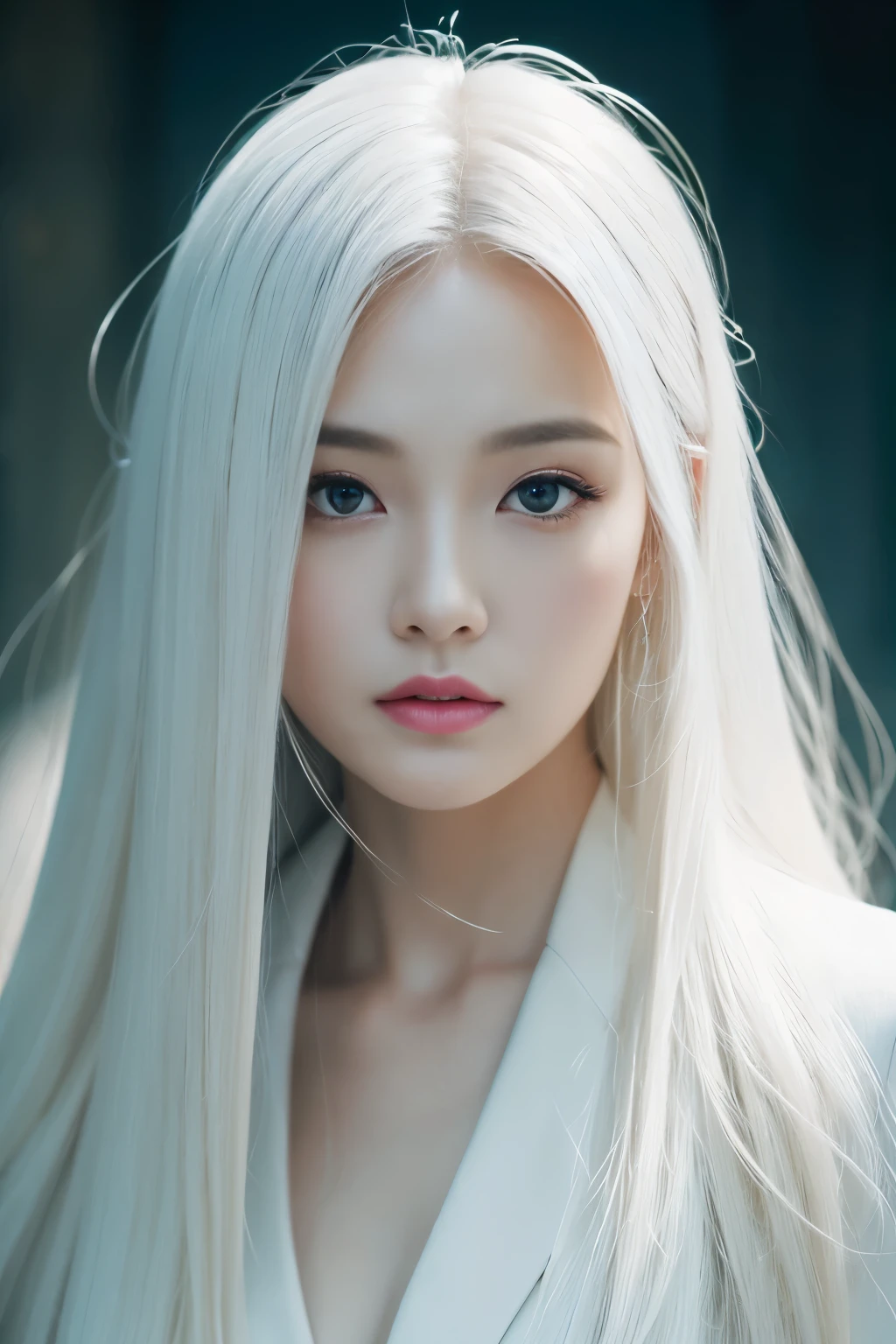 masterpiece, highest quality, (alone focus), (perfect face:1.1), (high detail:1.1),dramatic, (white skin), long white hair, alone, long hair, white luxury suit, plump lips, detailed background,  cinematic lighting,