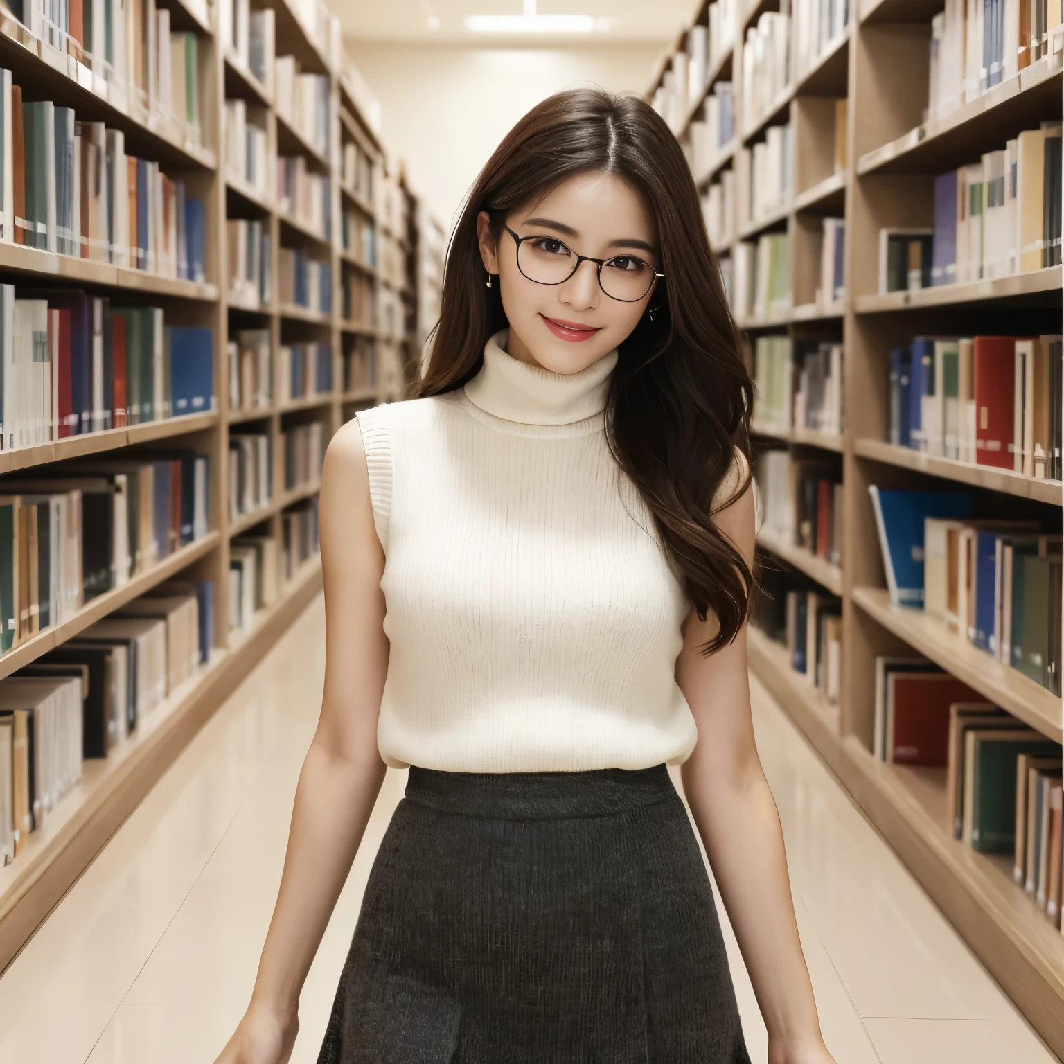 (highest quality、table top、8k、best image quality、Award-winning work)、one beautiful woman、25 years old、alone、perfect beautiful composition、that&#39;s right、(emphasize body line:1.1)、(Perfect Turtleneck Sleeveless Knit Sweater:1.1)、(Elegant melton fabric tight mini skirt:1.1)、(Perfect round elegant round glasses:1.1)、slender body、Elegant and beautiful hairstyle、look at me and smile、(strongly blurred library background:1.1)、standing gracefully in the library、perfect and accurate bookshelf、(The most natural and perfect library interior:1.1)、natural makeup、Ultra high definition beauty face、ultra high definition hair、Super high-definition sparkling eyes、(Pure white skin that shines with ultra-high resolution:1.1)、Super high resolution glossy lips、accurate anatomy、ultra high definition hair