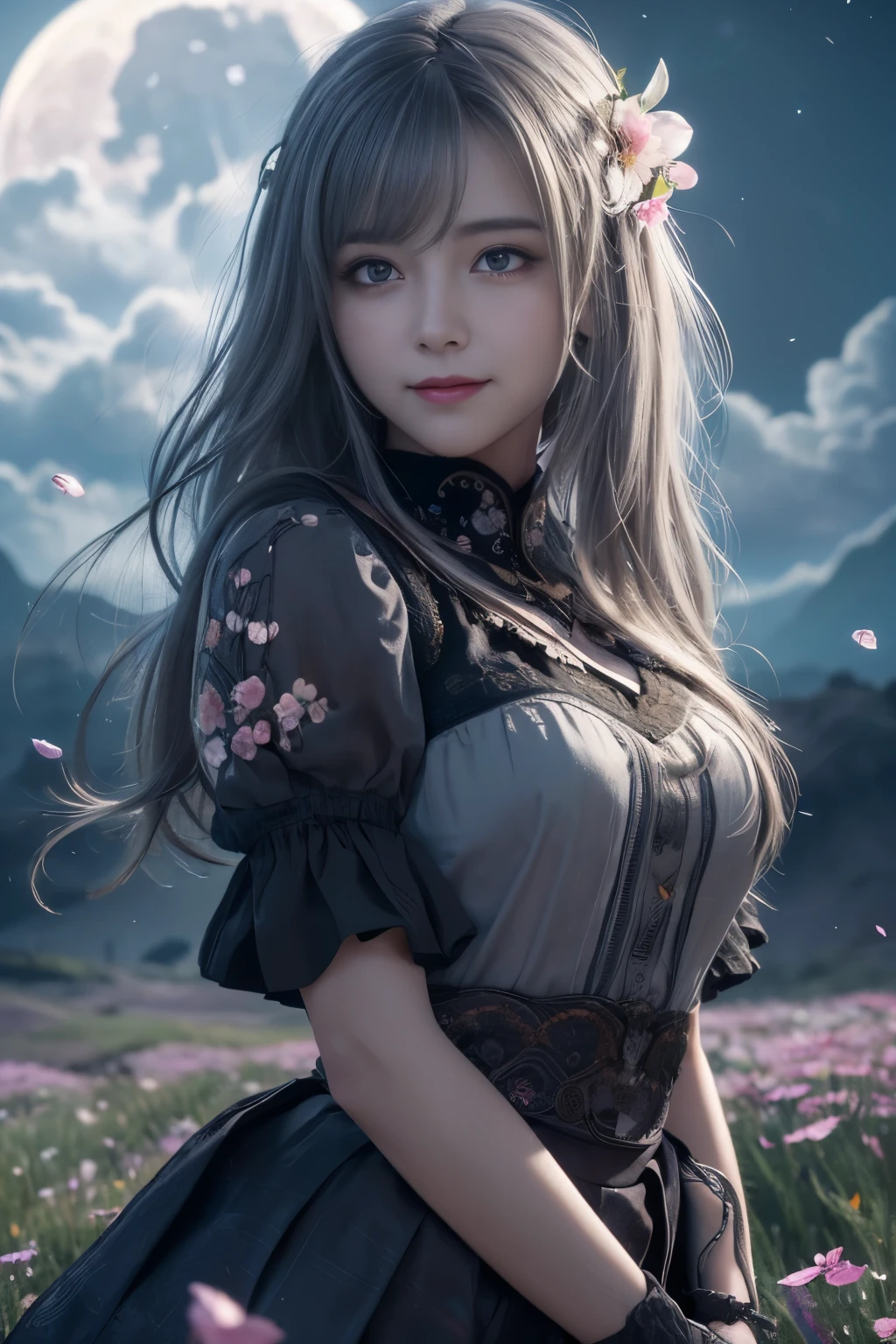 masterpiece, highest quality,, 1 girl, (colorful),(Finely drawn beautiful eyes and detailed face),cinematic lighting,bust shot,Highly detailed CG Unity 8k wallpaper,gray hair,alone,smile,intricate skirt,((flying petals)),(flowering meadow), null, cloudy_null, building, moonlight, moon, night, (dark theme:1.3), light, fantasy,