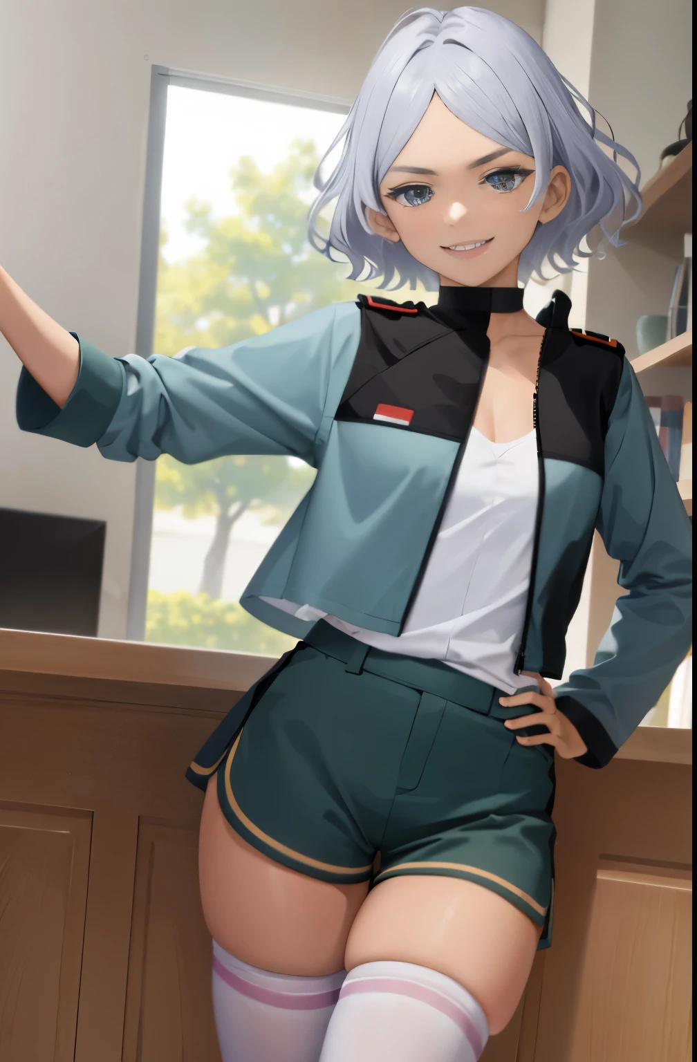 masterpiece, highest quality, disorganized, perfect anatomy, 1 girl, alone, Cecelia Dote, short hair, Ceceria Uniform, Astikasia&#39;s uniform, partially unzipped, green shorts, white stockings, Are standing, smile, indoor, put your hand on your waist, chest