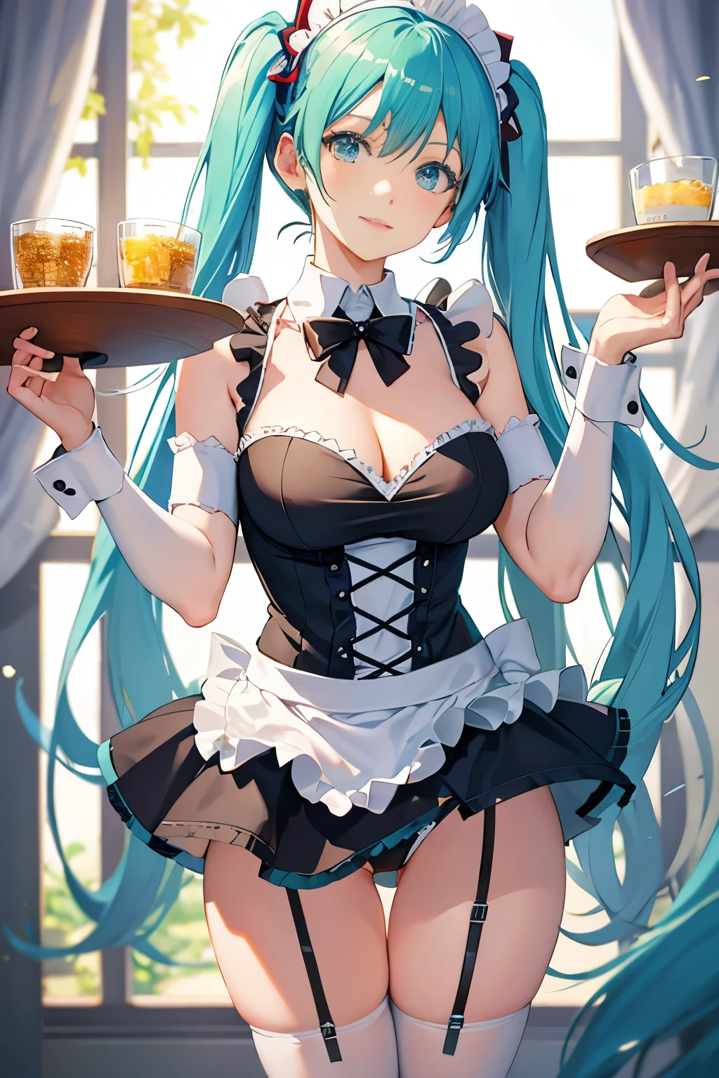 miku hatsune、maid cosplay、think back、black lace panties、naughty anime style, Highly rated on pixiv, beautiful attractive anime woman