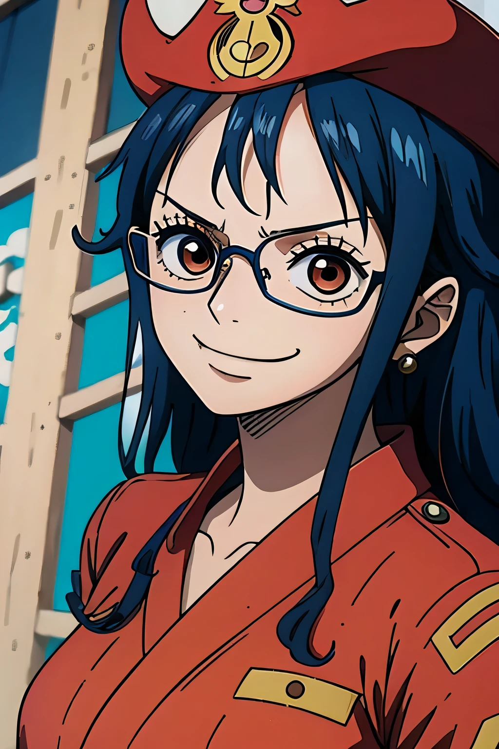Tashigi de One Piece, chica joven, pelo largo azul oscuro, vistiendo uniforme traje, alto rango, usando lentes rojos, vistiendo uniforme marino, 8K, Obra maestra, sonriente, sexy.
