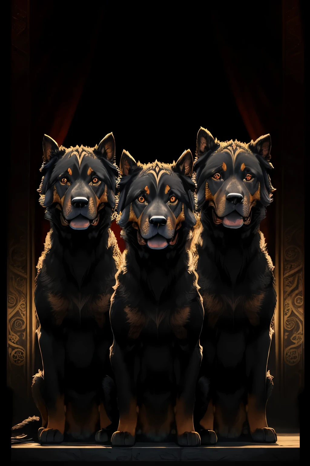 Three-headed Rottweiler Cerberus basks in the full view limelight, his intimidating presence radiating in 32k highly detailed splendor. The regal background resonates with grandeur, showcasing intricate designs and mythological motifs.
Cerberus's muscular body is adorned with a thick, shaggy Rottweiler coat, each strand meticulously rendered—as if you could reach out and touch its legitimately lifelike texture. The Three-headed Hound of Hades lurks with piercing yellow eyes, glaring at the beholder with unyielding protective fervor.
The first head til
