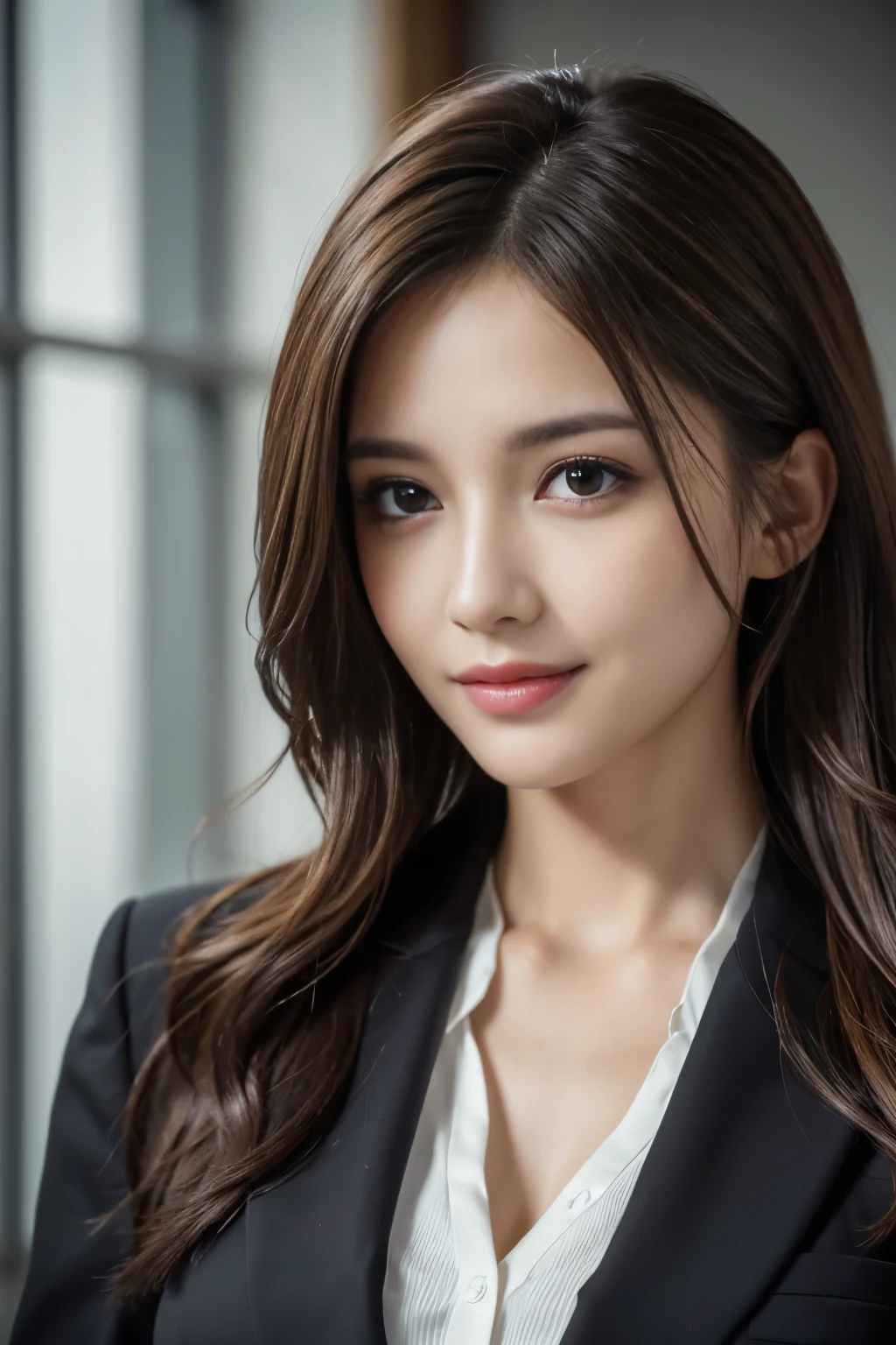 table top, highest quality, realistic, super detailed, finely, High resolution, 8k wallpaper, 1 beautiful woman,, light brown messy hair, wearing a business suit, sharp focus, perfect dynamic composition, detailed and beautiful eyes, fine hair, Detailed and realistic skin texture, smile, close-up portrait, model body shape