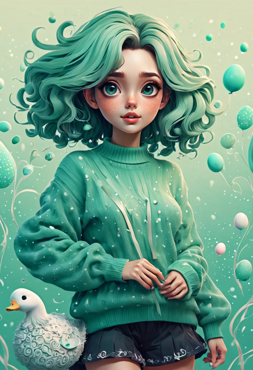 (best quality, highres, ultra sharp), (magical cute girl:1.2). Standing, Full body view, long legs. unique style, standing, long neck, large head, exaggerated hair, fluffy hair, small freckles, exaggerated expression, surreal, duck egg green sweater with small dots, details, horsehair, fluffy, socks, magic background, hand-drawn style,pencil drawing,cute, flowing lines, clean and crisp outlines, clean composition, zentangle hair style, art deco, zentangle, 3d crunch, cinematic,