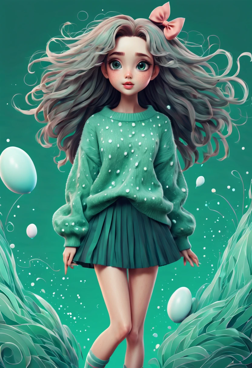 (best quality, highres, ultra sharp), (magical cute girl:1.2). Standing, Full body view, long legs. unique style, standing, long neck, large head, exaggerated hair, fluffy hair, small freckles, exaggerated expression, surreal, duck egg green sweater with small dots, details, horsehair, fluffy, socks, magic background, hand-drawn style,pencil drawing,cute, flowing lines, clean and crisp outlines, clean composition, zentangle hair style, art deco, zentangle, 3d crunch, cinematic,