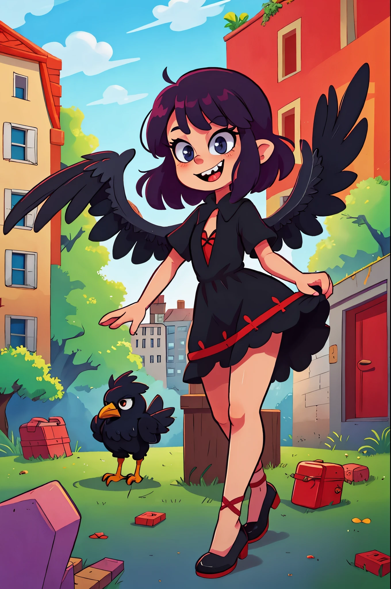 1girl, Masterpiece, perfect, Cute, Adorable, Harpy, Crow girl, Crow, Black feathers, sharp teeth, smiling, smug, Dress, Facing user, abandoned building, treasures