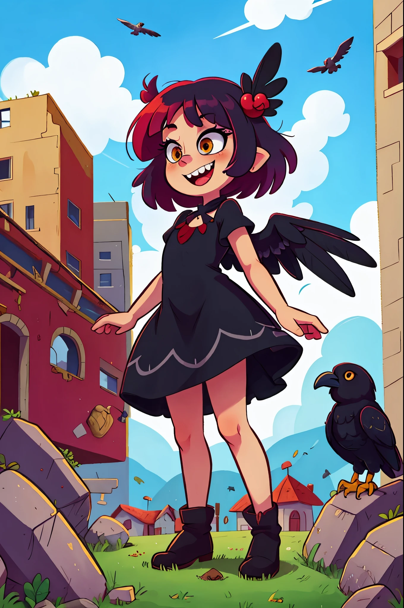 1girl, Masterpiece, perfect, Cute, Adorable, Harpy, Crow girl, Crow, Black feathers, sharp teeth, smiling, smug, Dress, Facing user, abandoned building, treasures