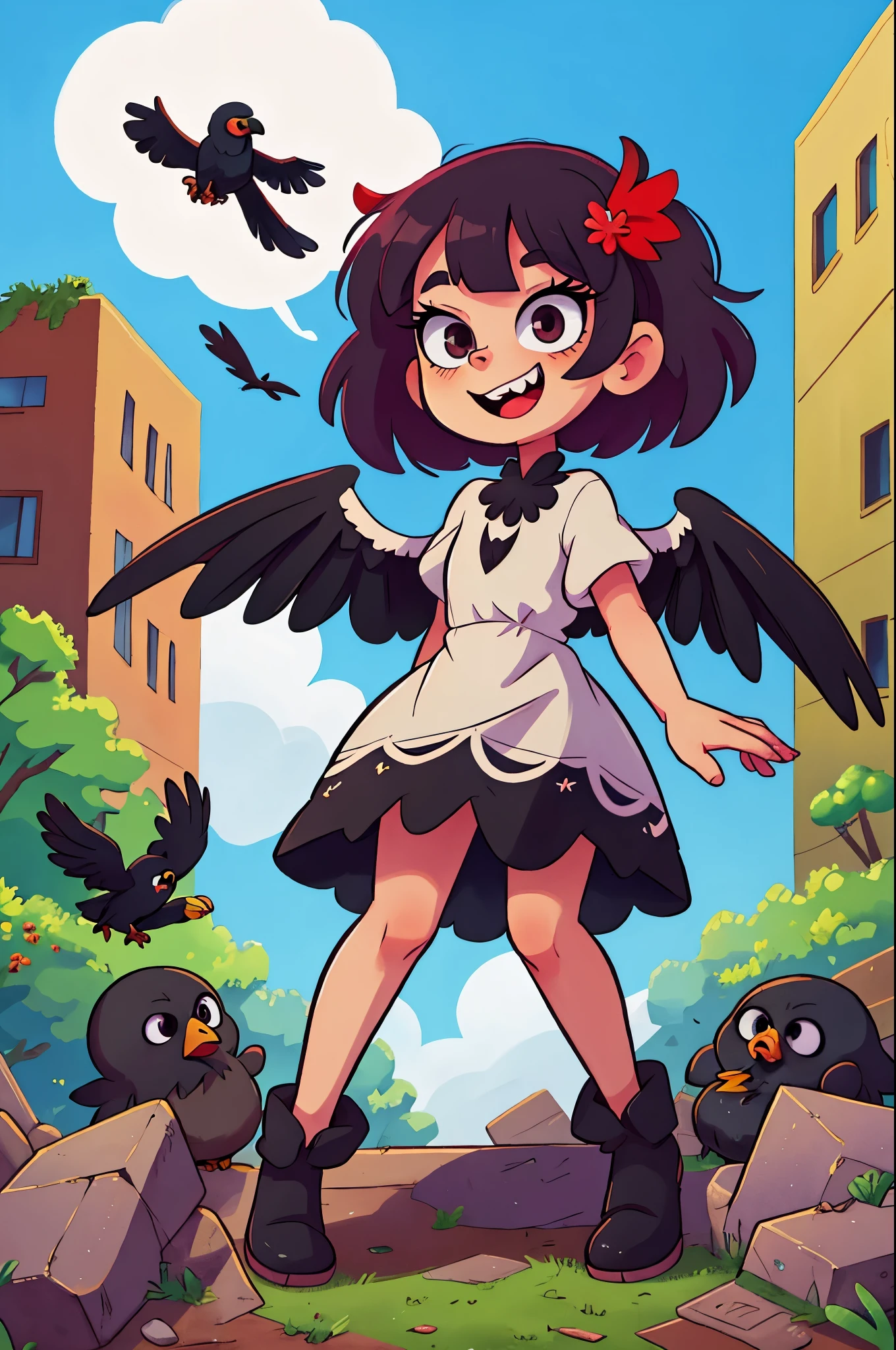 1girl, Masterpiece, perfect, Cute, Adorable, Harpy, Crow girl, Crow, Black feathers, sharp teeth, smiling, smug, Dress, Facing user, abandoned building, treasures