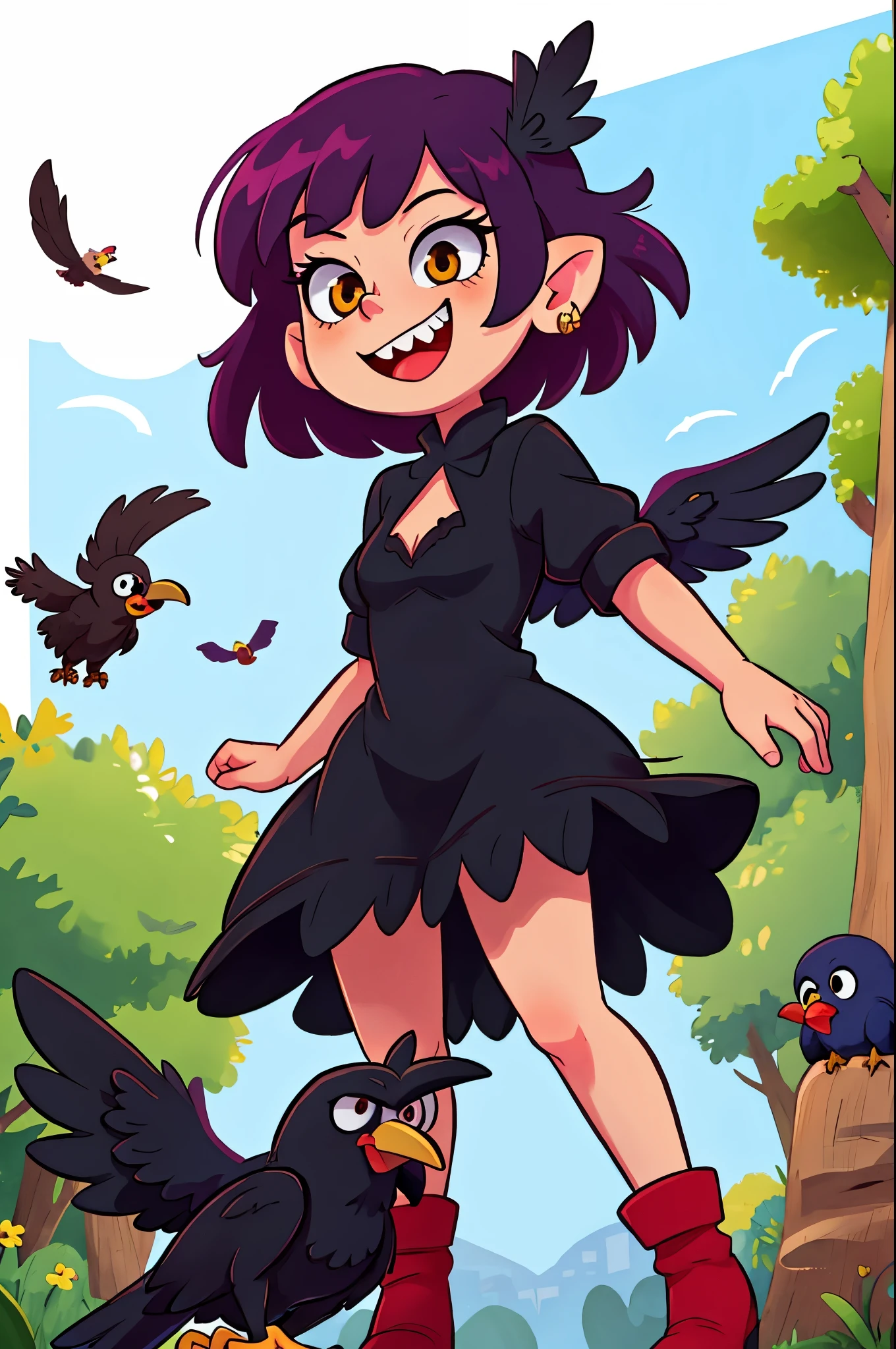 1girl, Masterpiece, perfect, Cute, Adorable, Harpy, Crow girl, Crow, Black feathers, sharp teeth, smiling, smug, Dress, Facing user,