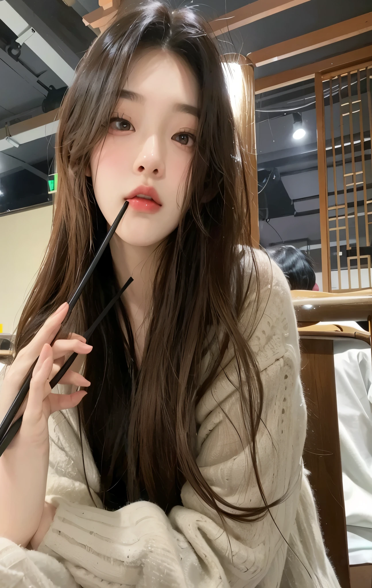un primer plano de una mujer sosteniendo un par de palillos, ulzzang, maquillaje popular de corea del sur, muchacha coreana, hermosa mujer surcoreana, maquillaje coreano popular, jinyoung shin, hermosa joven coreana, pale korean adorable face, hermosa joven coreana, jaeyeon nam, joven y adorable rostro coreano, bae suzy, heonhwa choe, Young cute pale asian face