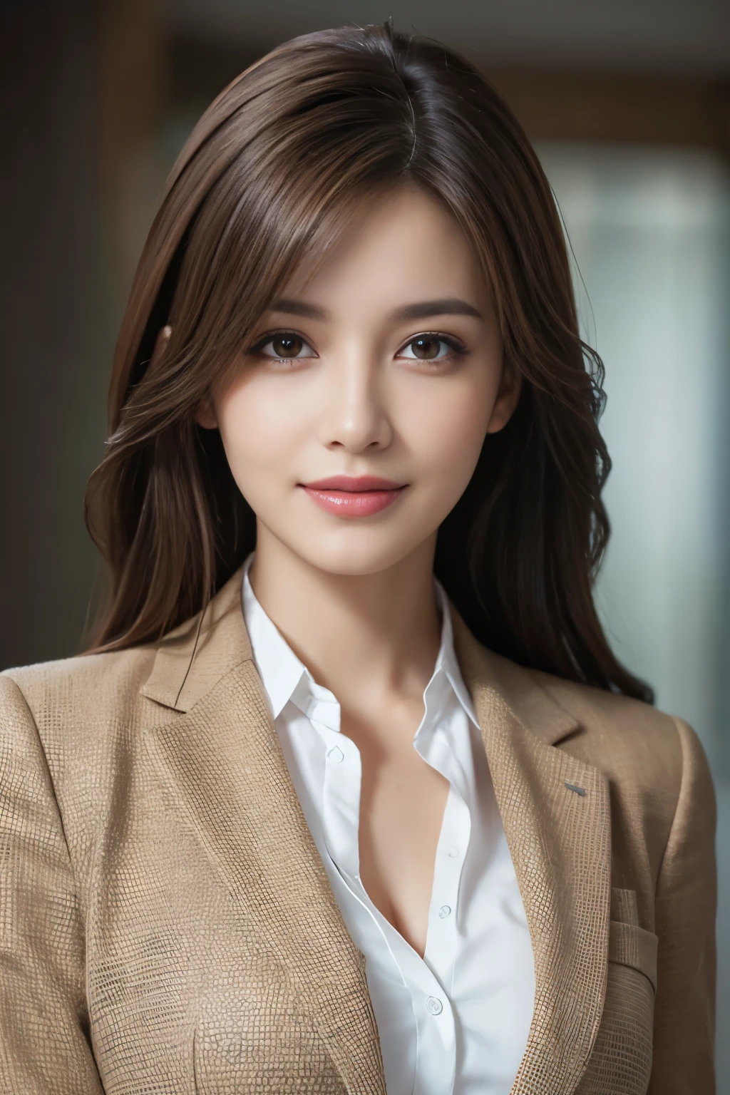 table top, highest quality, realistic, super detailed, finely, High resolution, 8k wallpaper, 1 beautiful woman,, light brown messy hair, wearing a business suit, sharp focus, perfect dynamic composition, detailed and beautiful eyes, fine hair, Detailed and realistic skin texture, smile, close-up portrait, model body shape