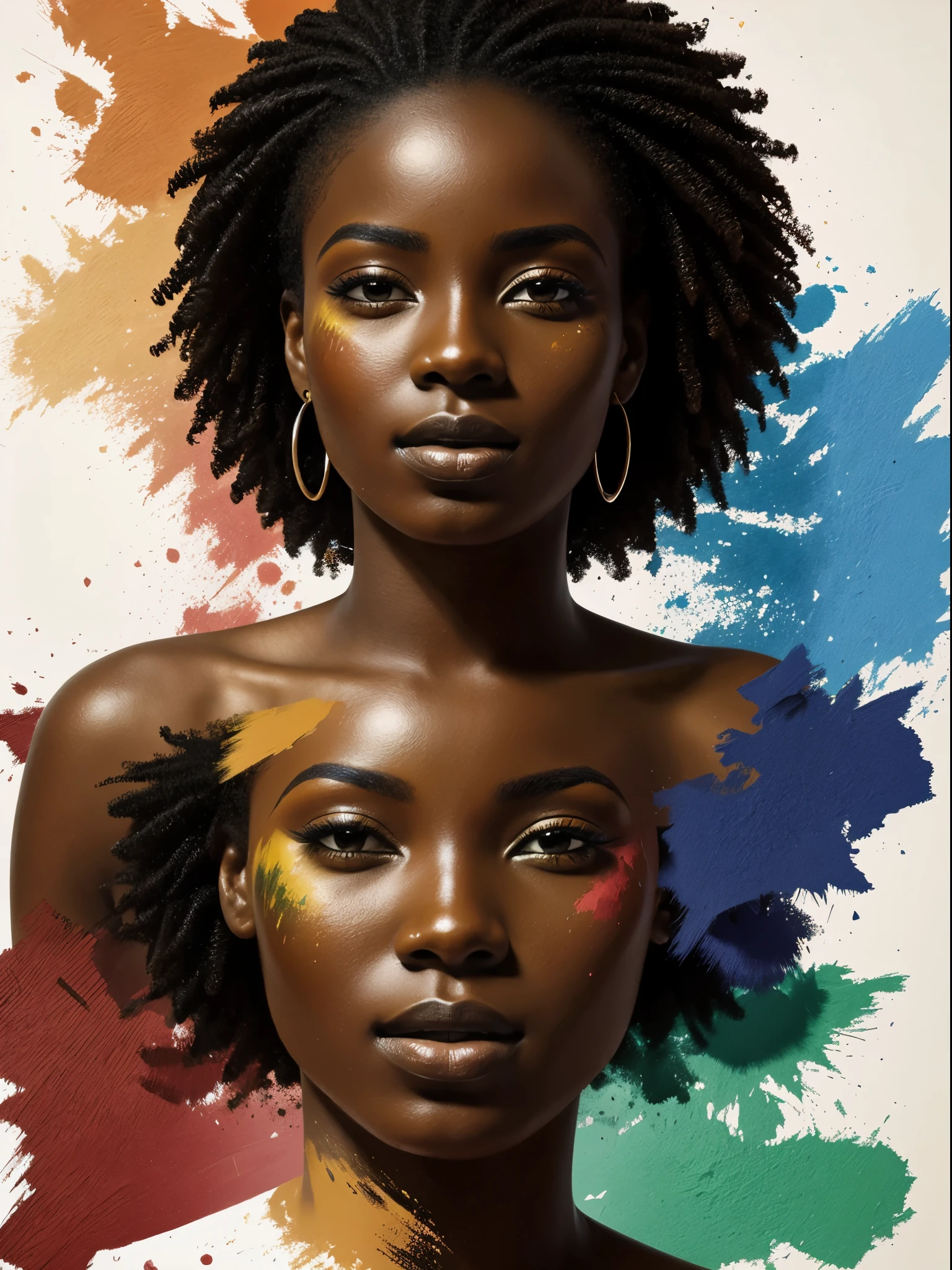 imagem de rosto de uma mulher negra estilo roupas africanas, Dispersion using paints, fundo de quadros dinamicos de imagens originais africanas