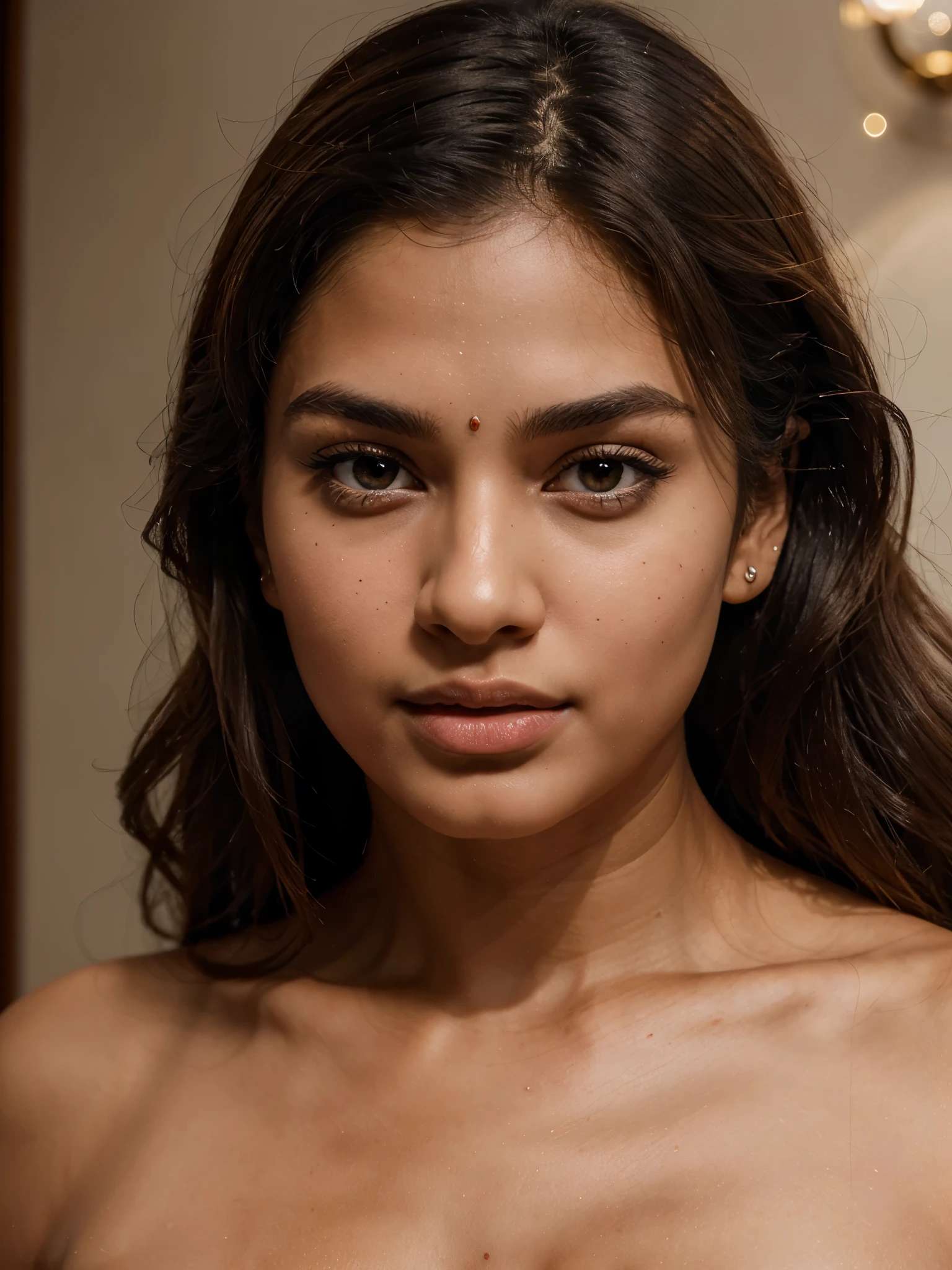 A young indian woman aged 23, masterpiece, high quality, ultra realistic, body measurements-33:27:36, absolutely stunning, beautiful detailed portrait, light brown skin color, brown eyes,brown wavy hair till waist, oval shaped face, pointed chin, 8k, heart shaped lips, thin pointed eyebrows, sharp neckline, closed mouth, consistent,height-5'3, weight-45 kg, small monolid eyes, exact fingers, human, highly rendered,8k, realistic, pointed ear shape, straight snub nose, clear face, hyper realistic, lighting, sharp details,consistent face and body