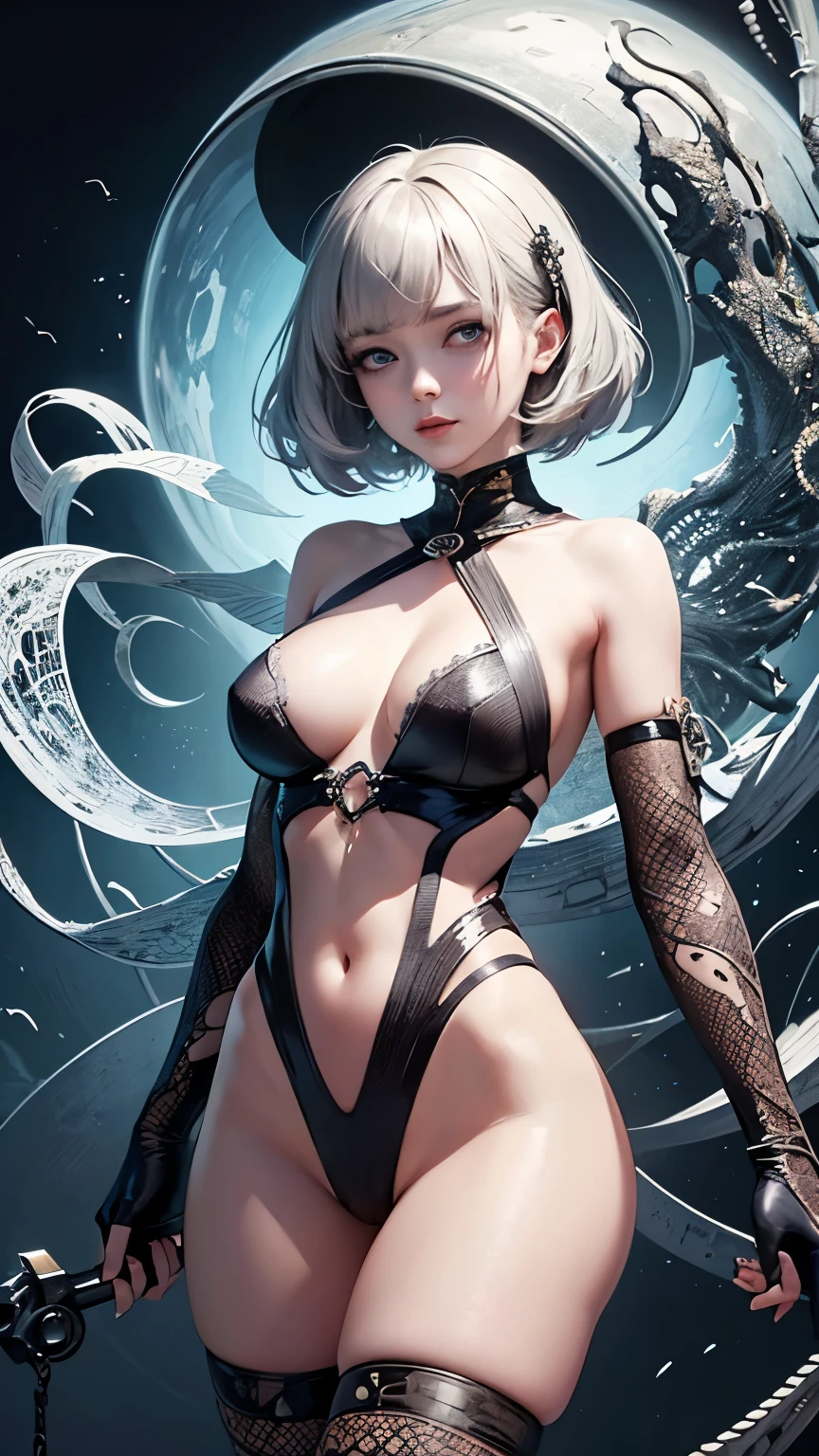 official art, unity 8k wallpaper, ultra detailed, beautiful and aesthetic, masterpiece, best quality, (zentangle, mandala, tangle, entangle), (fractal art:1.3) , 1girl, extremely detailed, dynamic angle, cowboyshot, the most beautiful form of chaos, elegant, a brutalist designed, vivid colours, romanticism, by james jean, roby dwi antono, ross tran, francis bacon, michal mraz, adrian ghenie, petra cortright, gerhard richter, takato yamamoto, ashley wood, atmospheric, ecstasy of musical notes, streaming musical notes visible, cool beauty,tall girl,short cut hair, silver hair,Precisely expresses details such as face and skin texture,beautiful eye, blue eye,double eyelid,delicate skin,slender body shape,alone,big breast