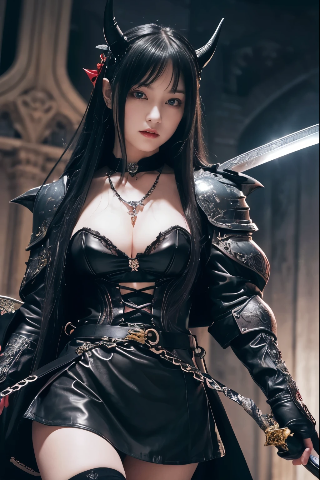( absurdly , high quality , Super detailed,See photographer ) ,( hand detail、sword detail ) , ((Black Knight、BlackKnight、vampire night))、1 girl, alone, very long white hair, 美しいクリスタルのeye ( eye ) baroque, necklace, elegant, colorful、leather mini skirt、black wings and giant devil horns