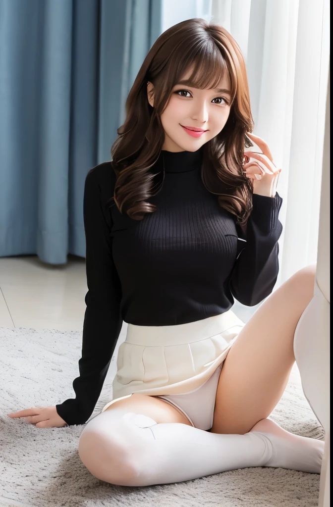 highest quality、Highest image quality、full body photo、25 year old female, Dark brown wavy middle hair、bangs、long sleeve knit、culotte skirt、stockings、white panties、 cute smile、M-shaped spread legs、PE sitting on the floor、Panties are visible from the front
