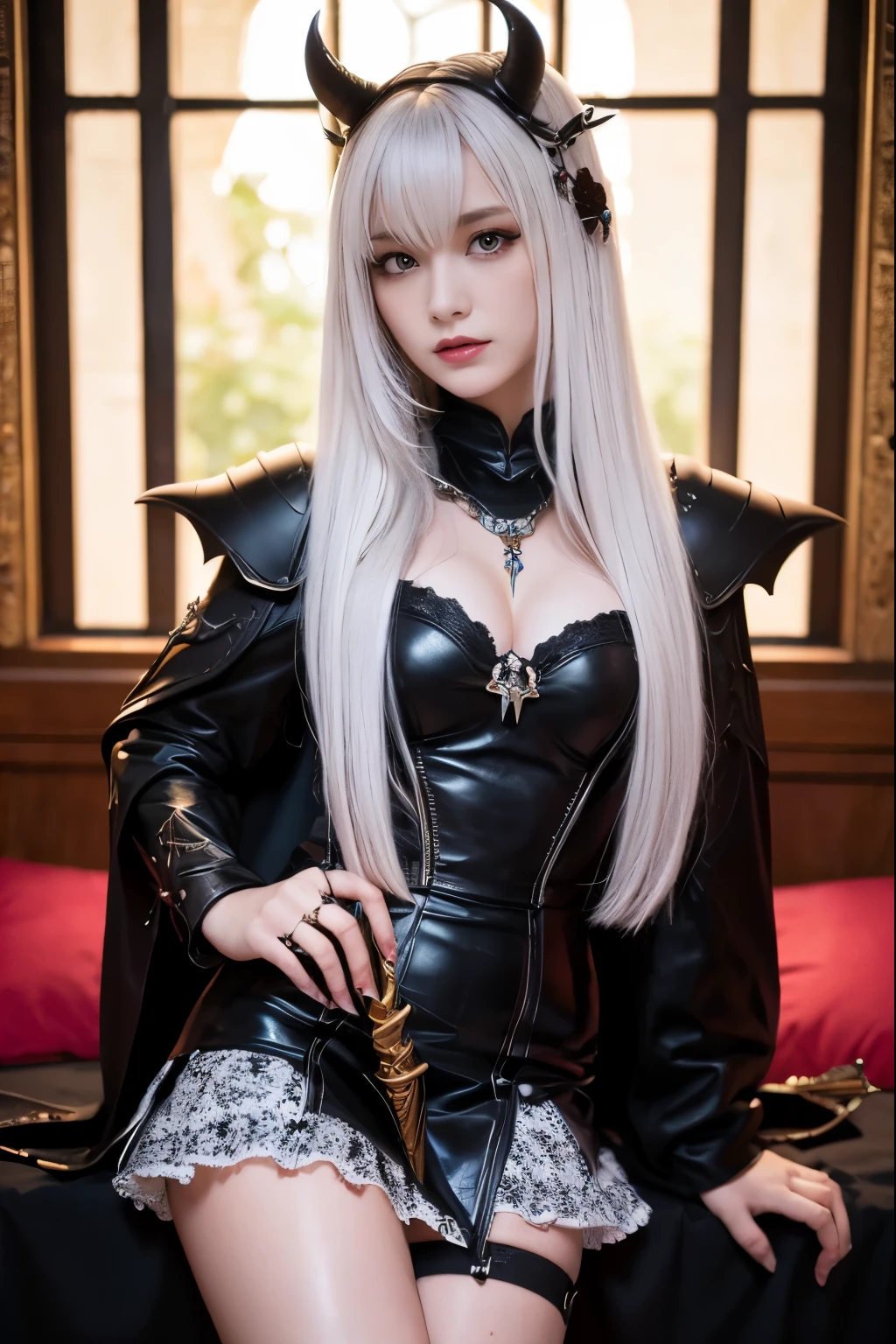 (  absurdly , high quality , Super detailed,See photographer ) ,( hand detail、sword detail ) , ((Black Knight、BlackKnight、vampire night))、1 girl, alone,  (((very long white hair))), 美しいクリスタルのeye ( eye ) baroque, necklace, elegant, colorful、leather mini skirt,(((Giant Devil's Horn))),((flying petals)),Costumes with detailed, beautiful and colorful patterns