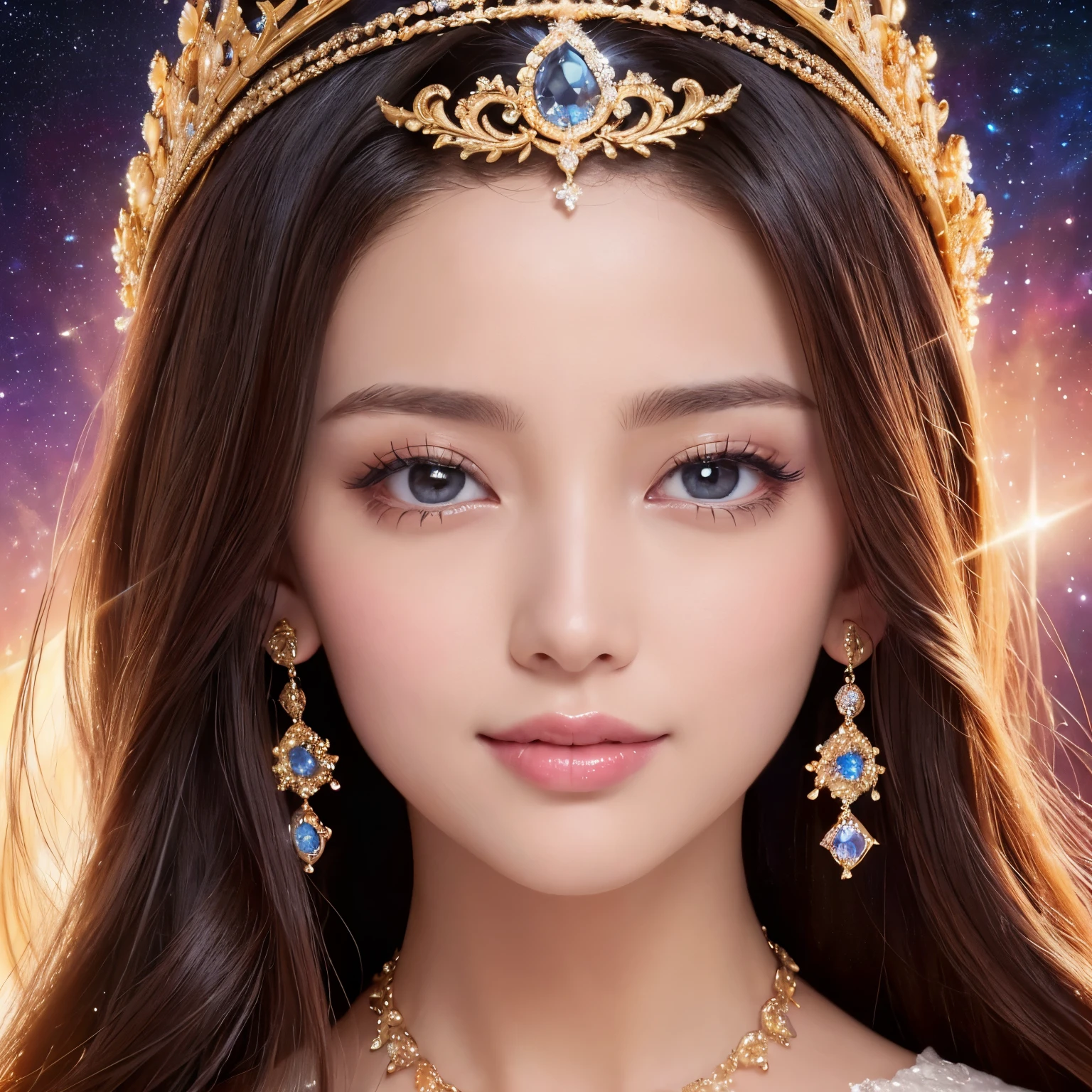 ((highest quality、table top、8k、best image quality、extremely complex and detailed depiction))、(one of the most beautiful princesses:1.1)、big and full breasts、radiant beautiful skin、look at me with the best smile、Natural forehead、(The most fantastic and shining universe'The finest dresses:1.2)、(The most fantastically shining galaxy dress:1.2)、beautiful and elegant decoration、Diamond decoration、The most luxurious and highest quality giant tiara、The most luxurious and highest quality giant necklace、artistic decoration、finest jewelry decoration、the most luxurious decoration in the world、The most fantastic and mysterious galaxy background、shining galaxy starry sky、the most mysterious cosmic glow、accurate anatomy、(close up of face:1.3)