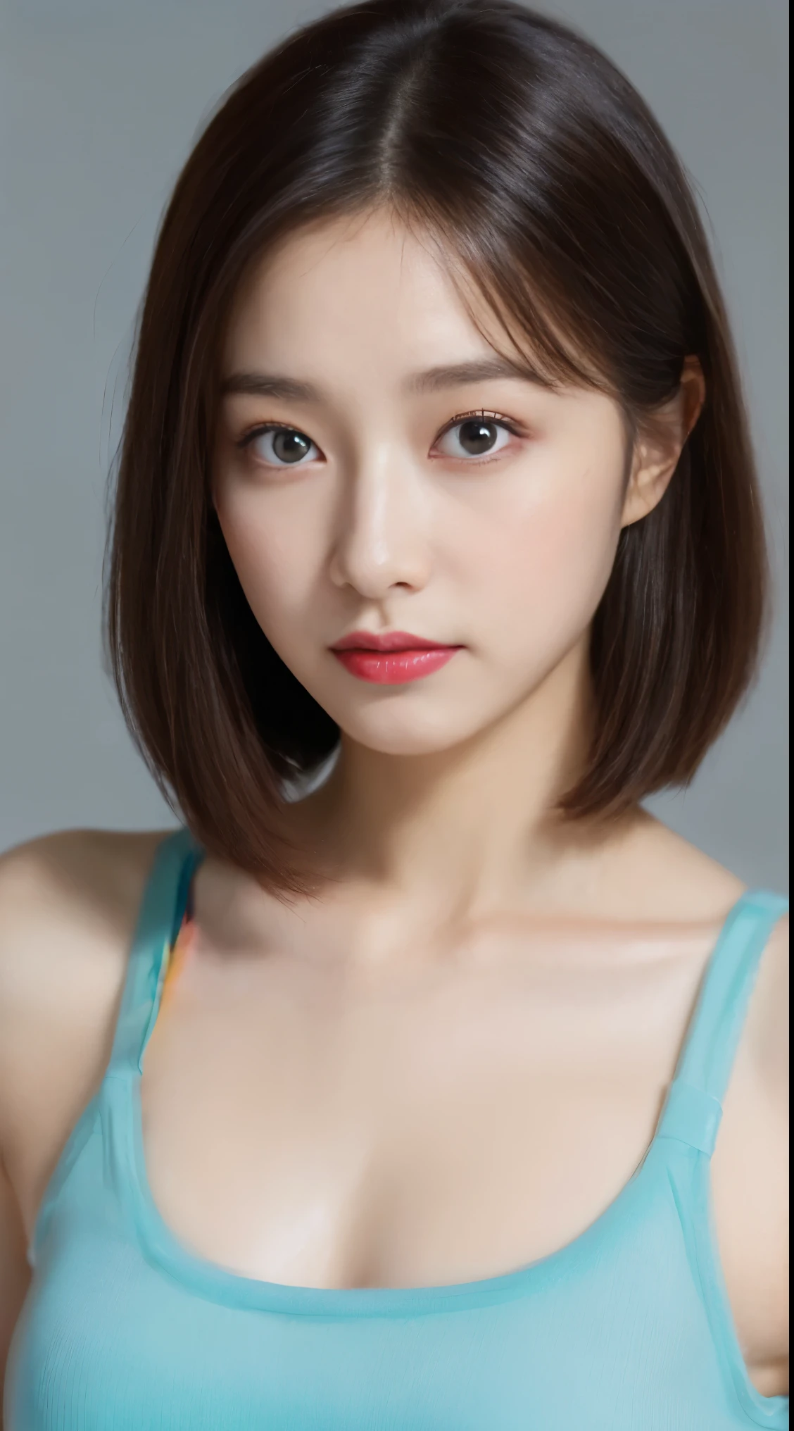 (((32K,very high resolution, high detail, very accurate,masterpiece少女1))),RAW photo & realistic atmosphere,beautiful dark blue eyes,detailed mouth,glossy lips,fine eyebrows,Soft white skin that shines in every detail,,detailed eyes、紺碧の瞳でとてもbeautiful eyes,lip details、very beautiful face,very well-shaped face、lifelike face,shining beautiful lips,beautiful eyebrows,infinite reality,best design,(Insanely cute Japanese girl,healthy style,美しい小さな胸のsmall breasts,She is a very cute beautiful girl,:1.5),best natural makeup,japanese id,korean idol,Young sensual idols,Moist eyes,Laugh more, laugh more and more,Amazingly beautiful female athletes, Tank top,(胸元が大きく開いたゆるいTank top:1.2), Maruface:1.4,(highest quality、8k、32K、masterpiece、nffsw:1.3),(Photoreal:1.4),(Ultra - High resolution),(Super realistic 8kCG),RAW photography, half body shot, beautiful shadow gradation, small breasts, perfect lighting, Beautiful and well-shaped face, beautiful eyes, lip details, double eyelid, Red rainbow matte latex rubber erotic Hotel bed night matte gloss Cyan Green Orange Red Purple Black Magenta Blue Lime Green ,The background is a simple yellow