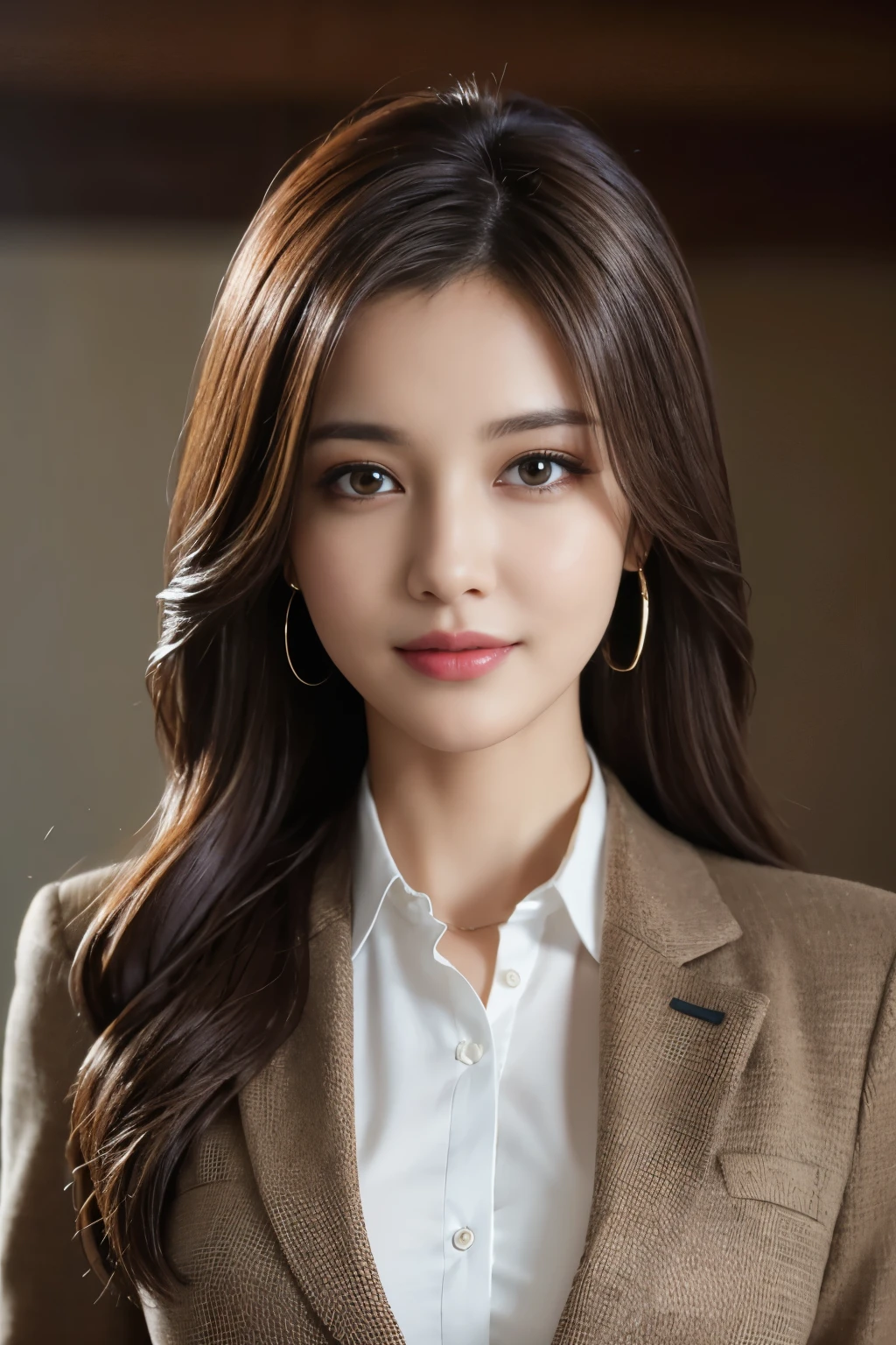 table top, highest quality, realistic, super detailed, finely, High resolution, 8k wallpaper, 1 beautiful woman,, light brown messy hair, wearing a business suit, sharp focus, perfect dynamic composition, detailed and beautiful eyes, fine hair, Detailed and realistic skin texture, smile, close-up portrait, model body shape