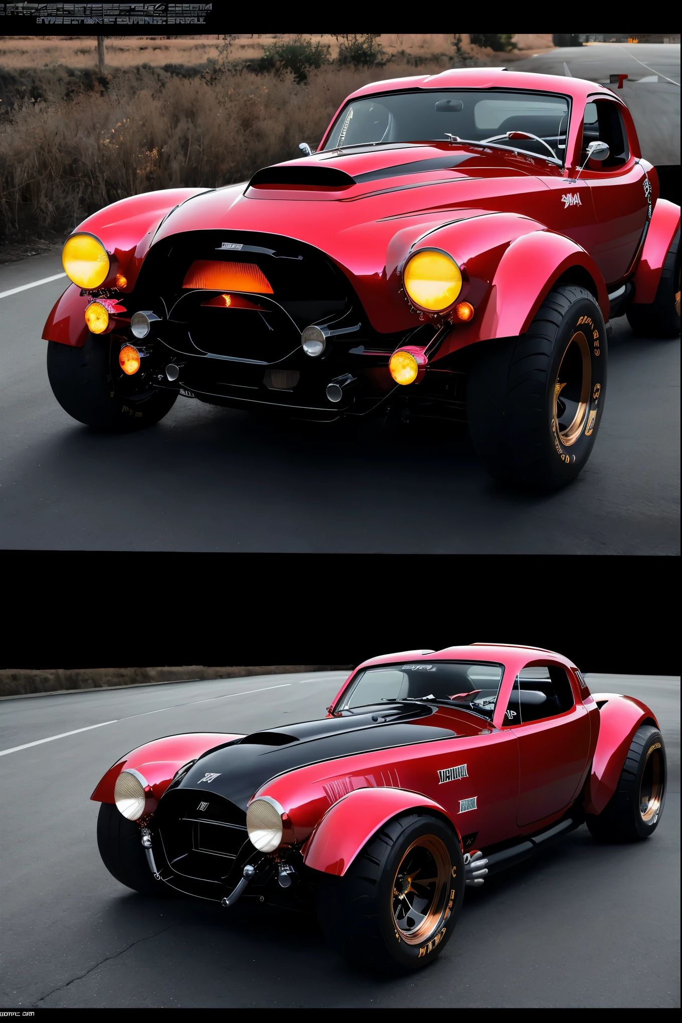 cyberpunk(((hot rod cobra)))、(with glowing edges)、wide tires、PARKING LOT、